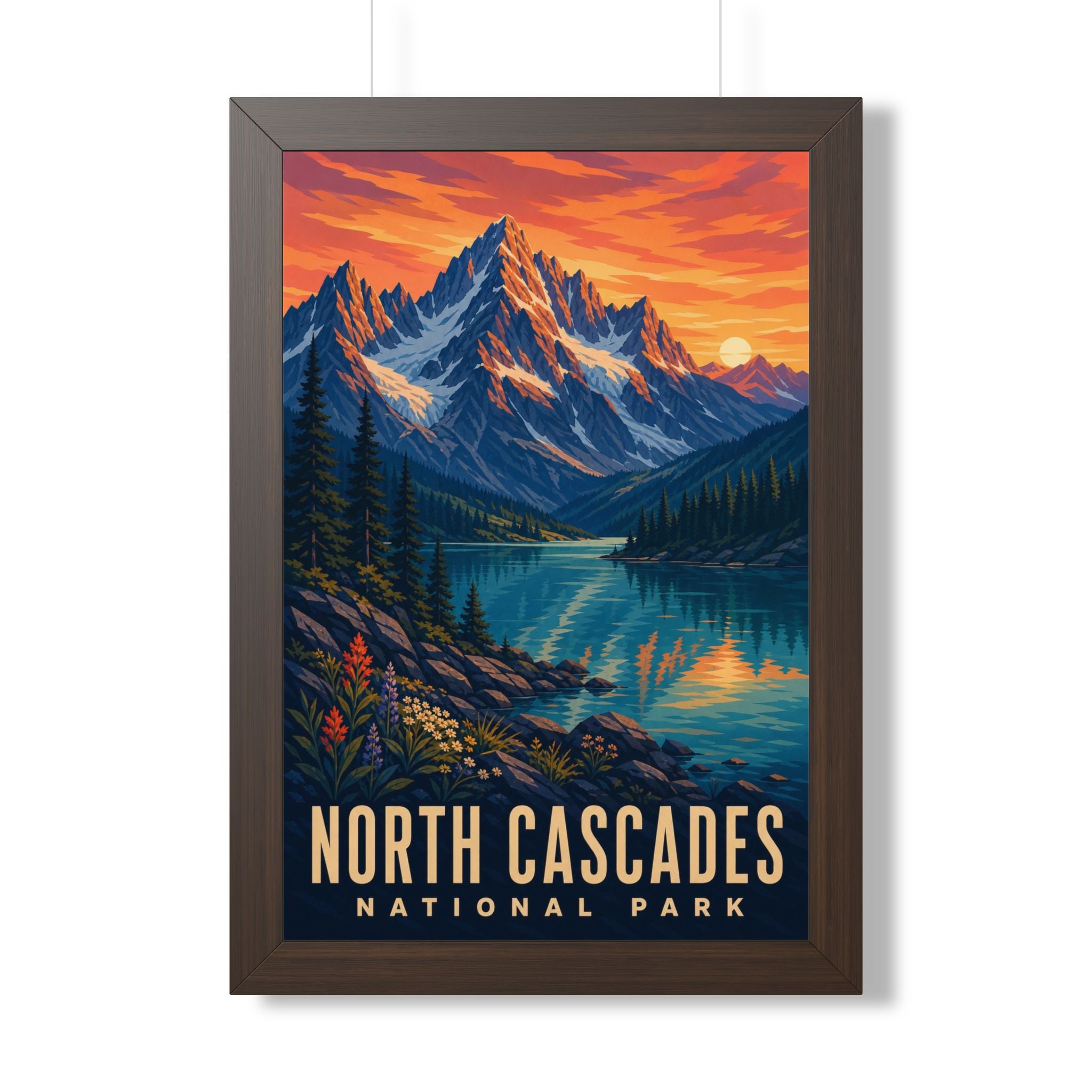 North Cascades National Park Framed Poster | Vintage Travel Wall Art | Black Walnut White Frame | 16x24 20x30