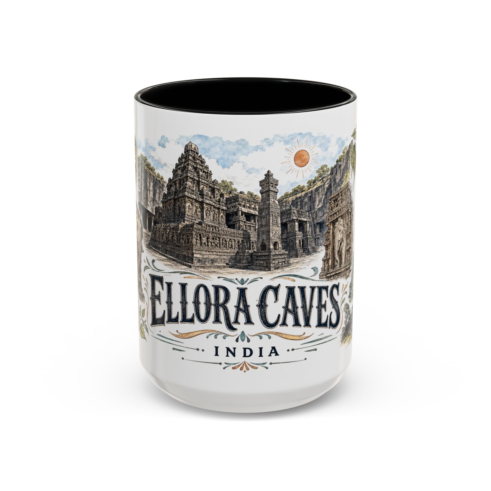 Ellora Caves Mug, India Travel Souvenir, Bucket List Gift, Accent Ceramic Coffee Mug 11oz 15oz