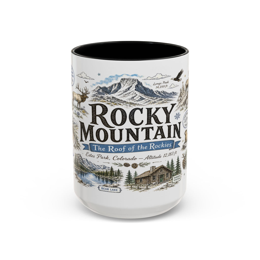 Rocky Mountain Coffee Mug | National Park Hiking Camping Gift | Accent Color Ceramic 11oz 15oz