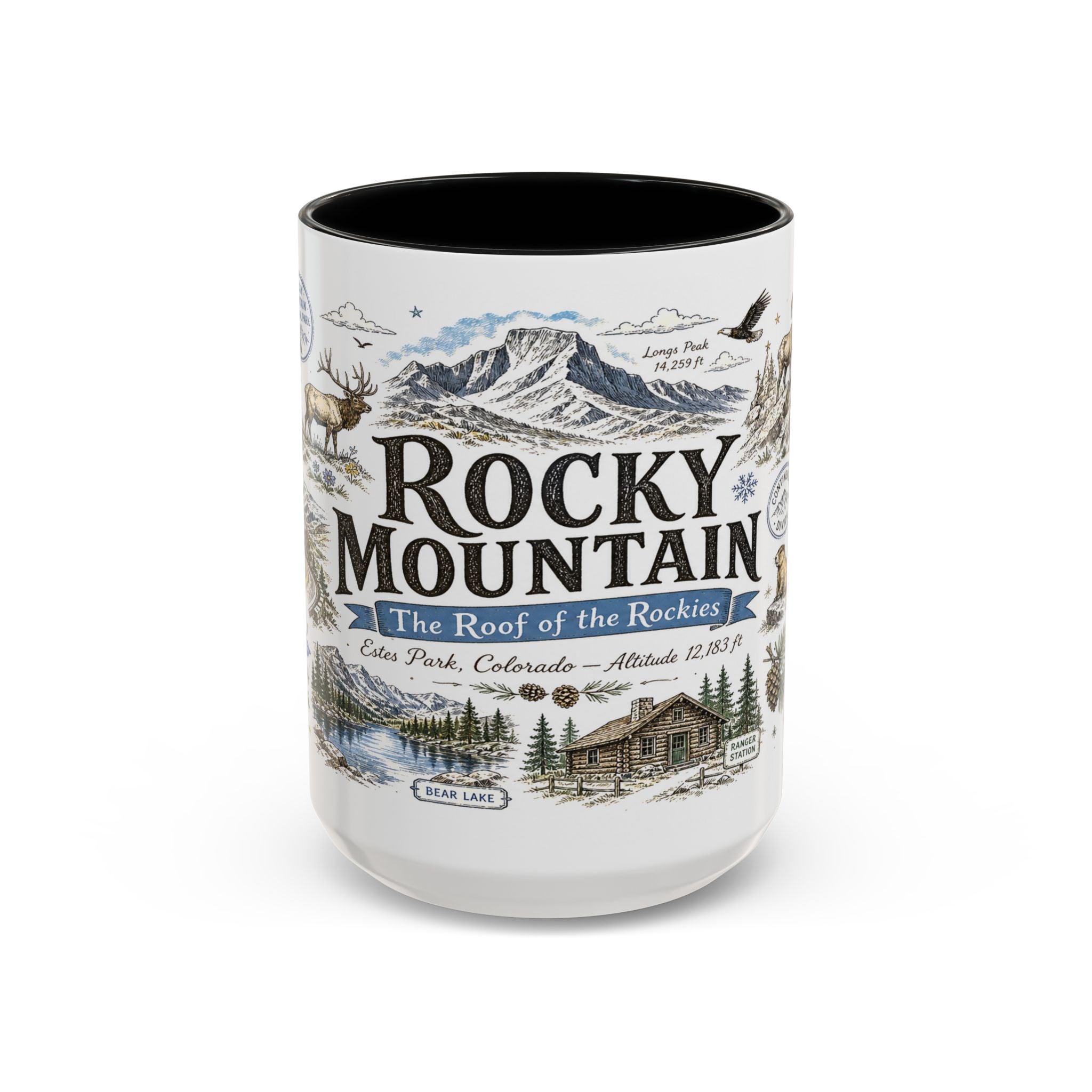 Rocky Mountain Coffee Mug | National Park Hiking Camping Gift | Accent Color Ceramic 11oz 15oz