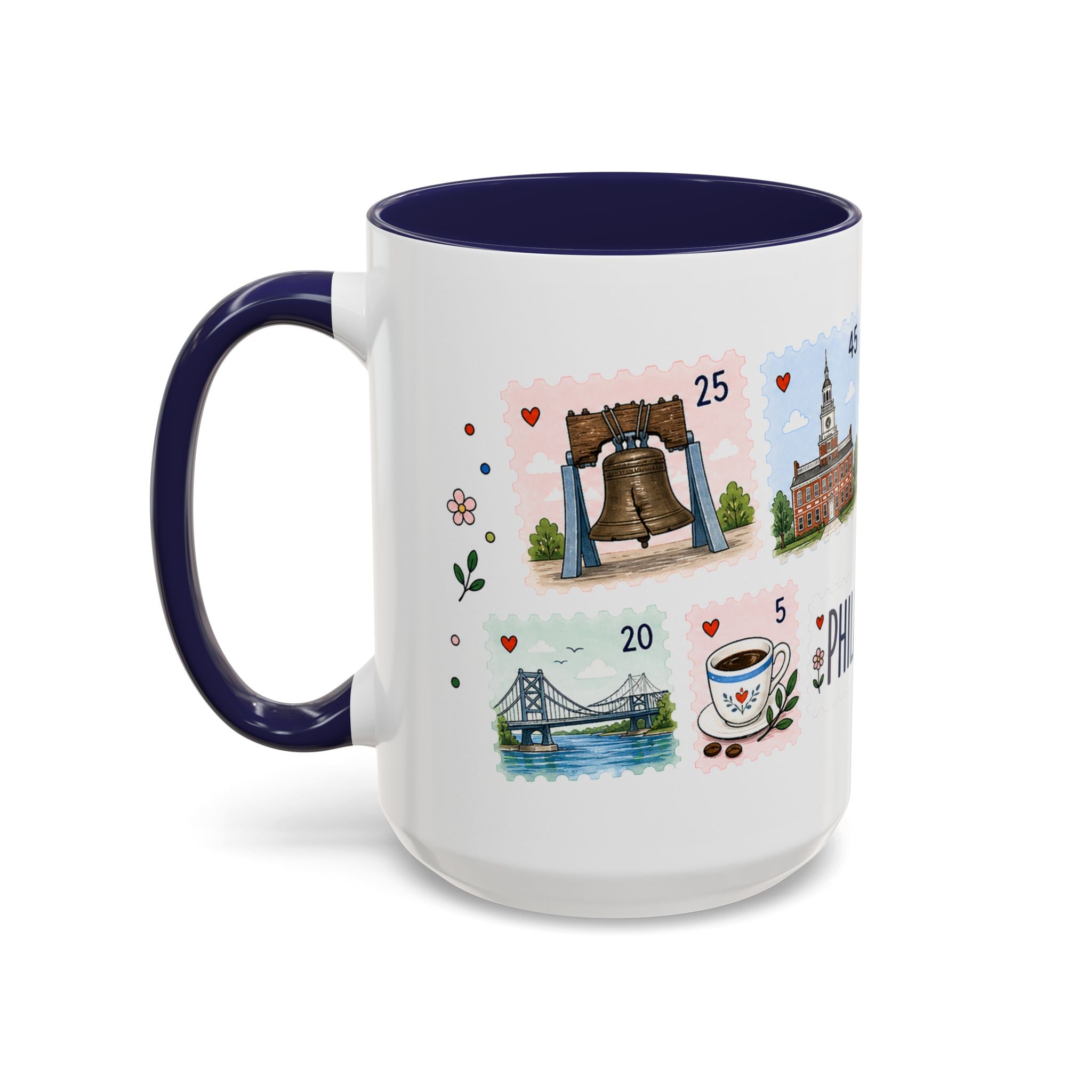 Philadelphia Coffee Mug | Postage Stamp Collage Mug | Travel Souvenir Accent Cup 11oz 15oz
