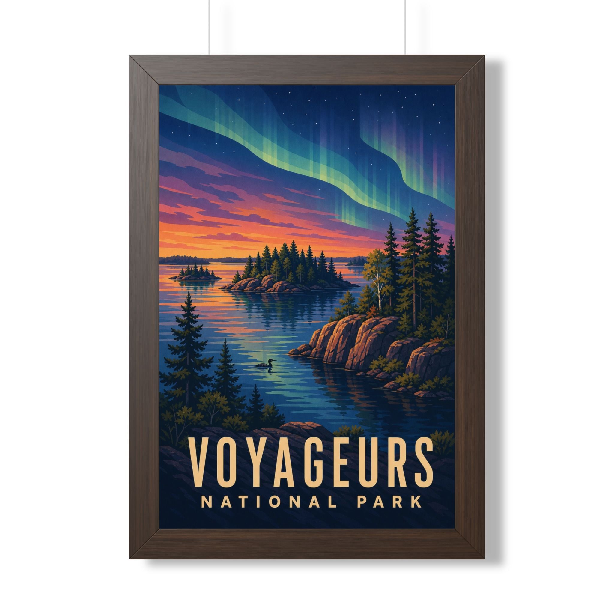 Voyageurs National Park Framed Poster | Vintage Travel Wall Art | Black Walnut White Frame | 16x24 20x30