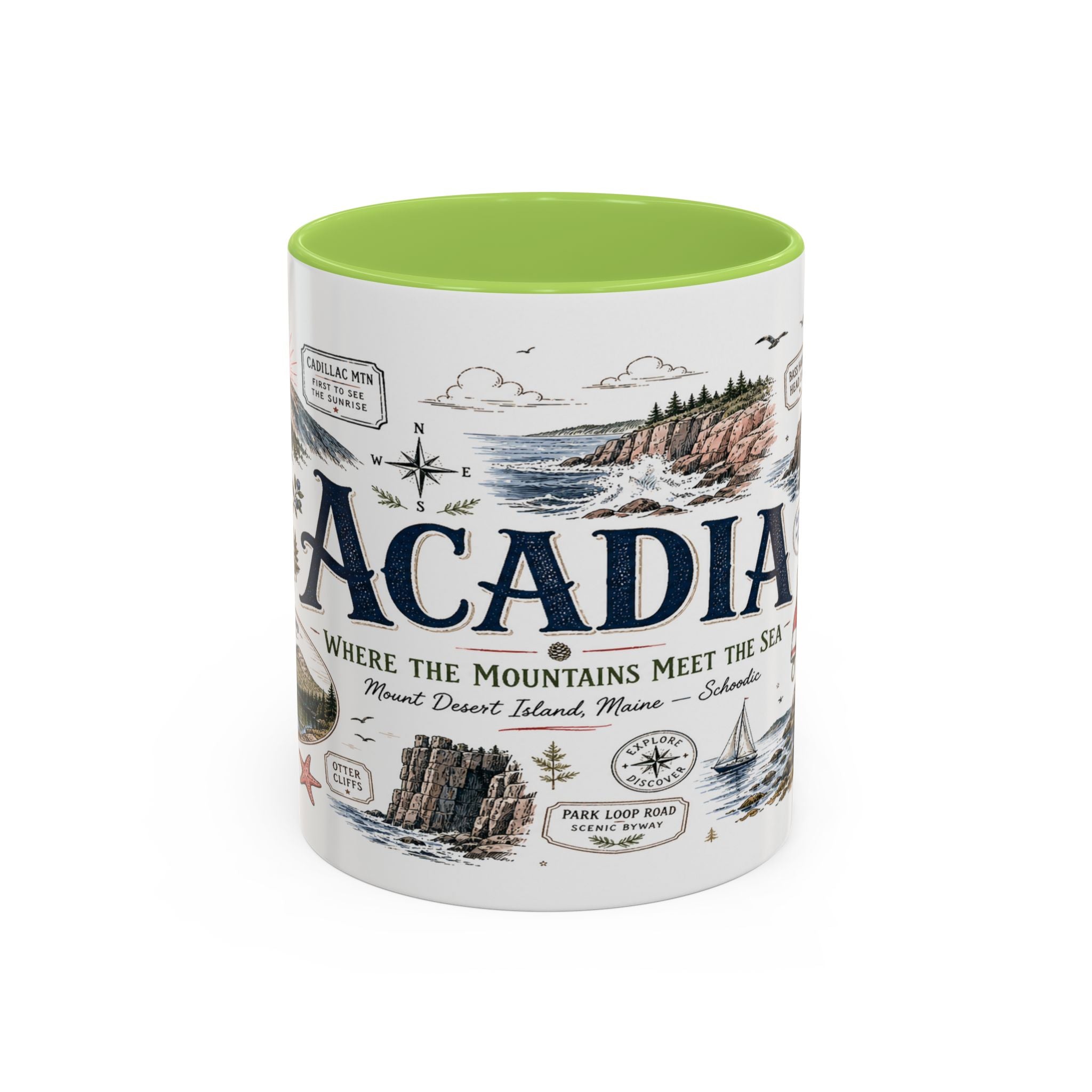 Acadia Coffee Mug | National Park Hiking Coastal Gift | Accent Color Ceramic 11oz 15oz