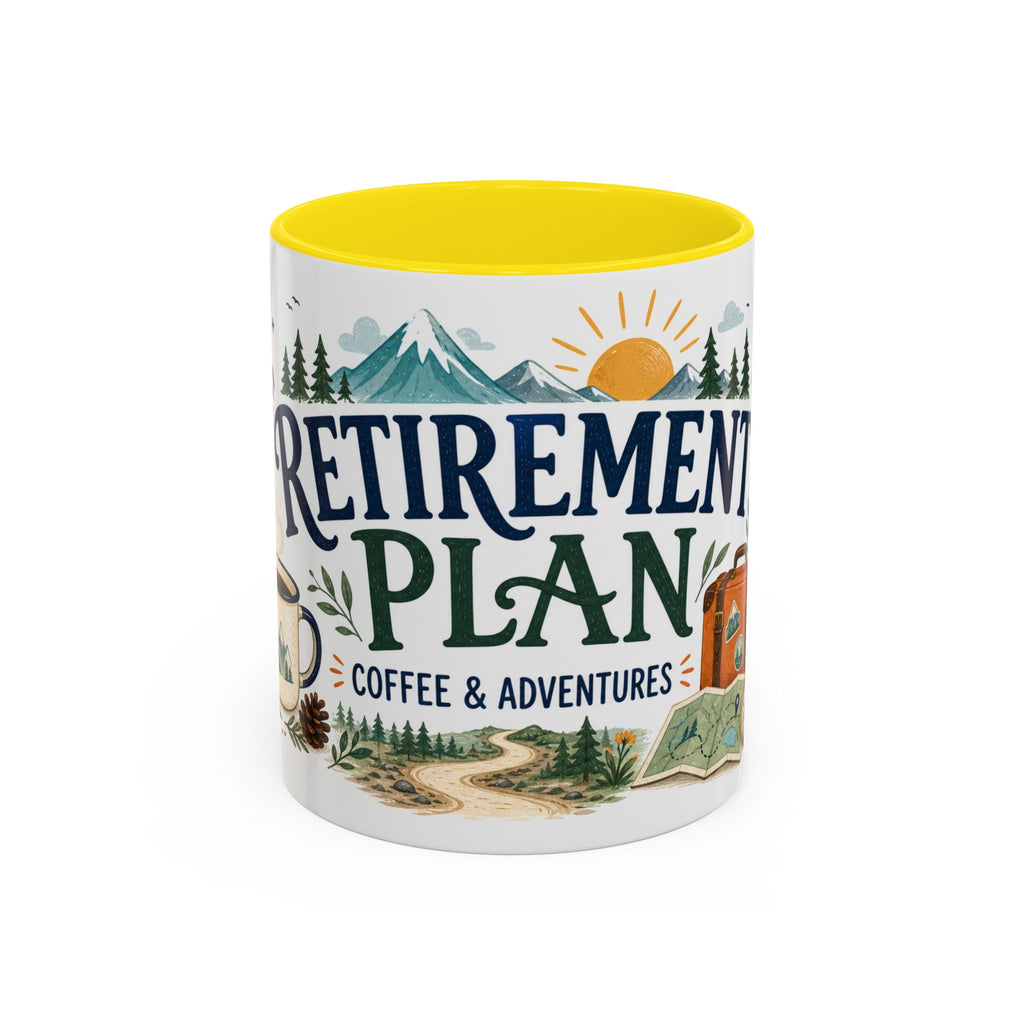 Retirement Plan Coffee And Adventures Mug | Travel Retirement Gift | Accent Color Ceramic 11oz 15oz