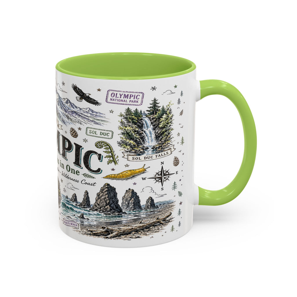 Olympic Coffee Mug | National Park Hiking Rainforest Gift | Accent Color Ceramic 11oz 15oz