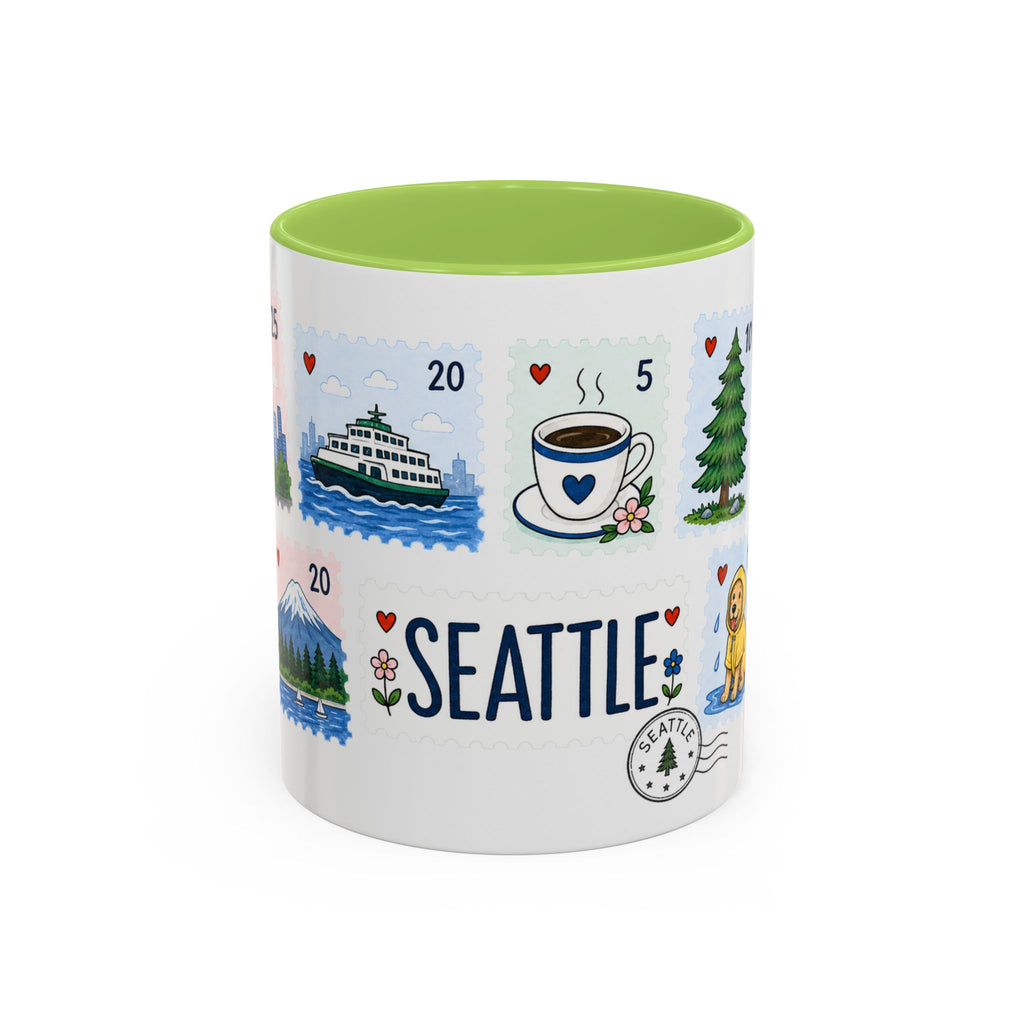 Seattle Coffee Mug | Postage Stamp Collage Mug | Travel Souvenir Accent Cup 11oz 15oz
