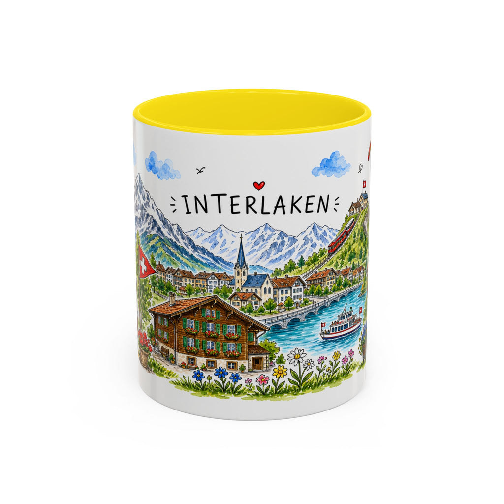 Interlaken Illustrated Travel Mug | Switzerland Souvenir Accent Coffee Mug | 11oz 15oz Ceramic Cup