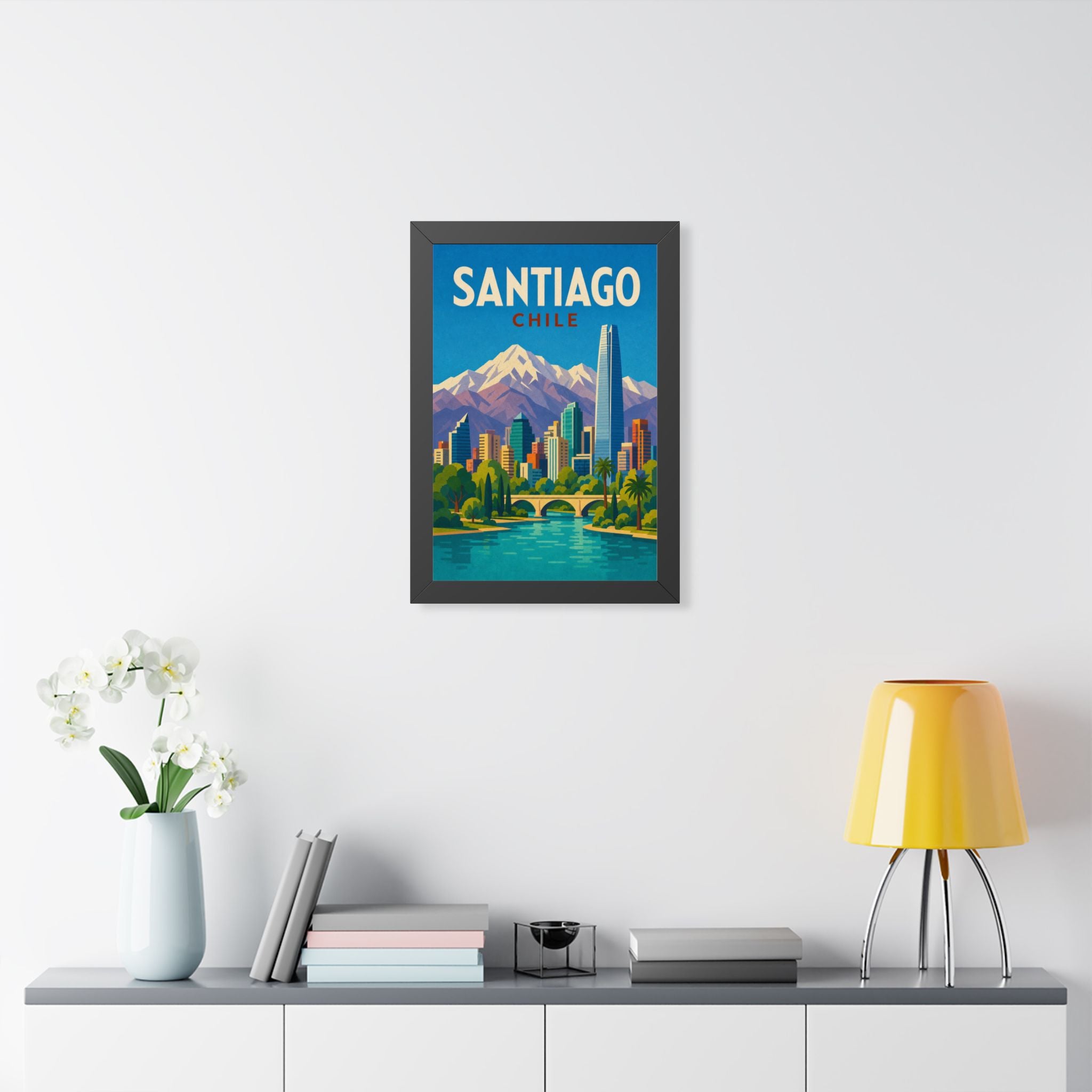 Santiago Chile Framed Poster | Vintage Travel Wall Art | Black Walnut White Frame | 16x24 20x30