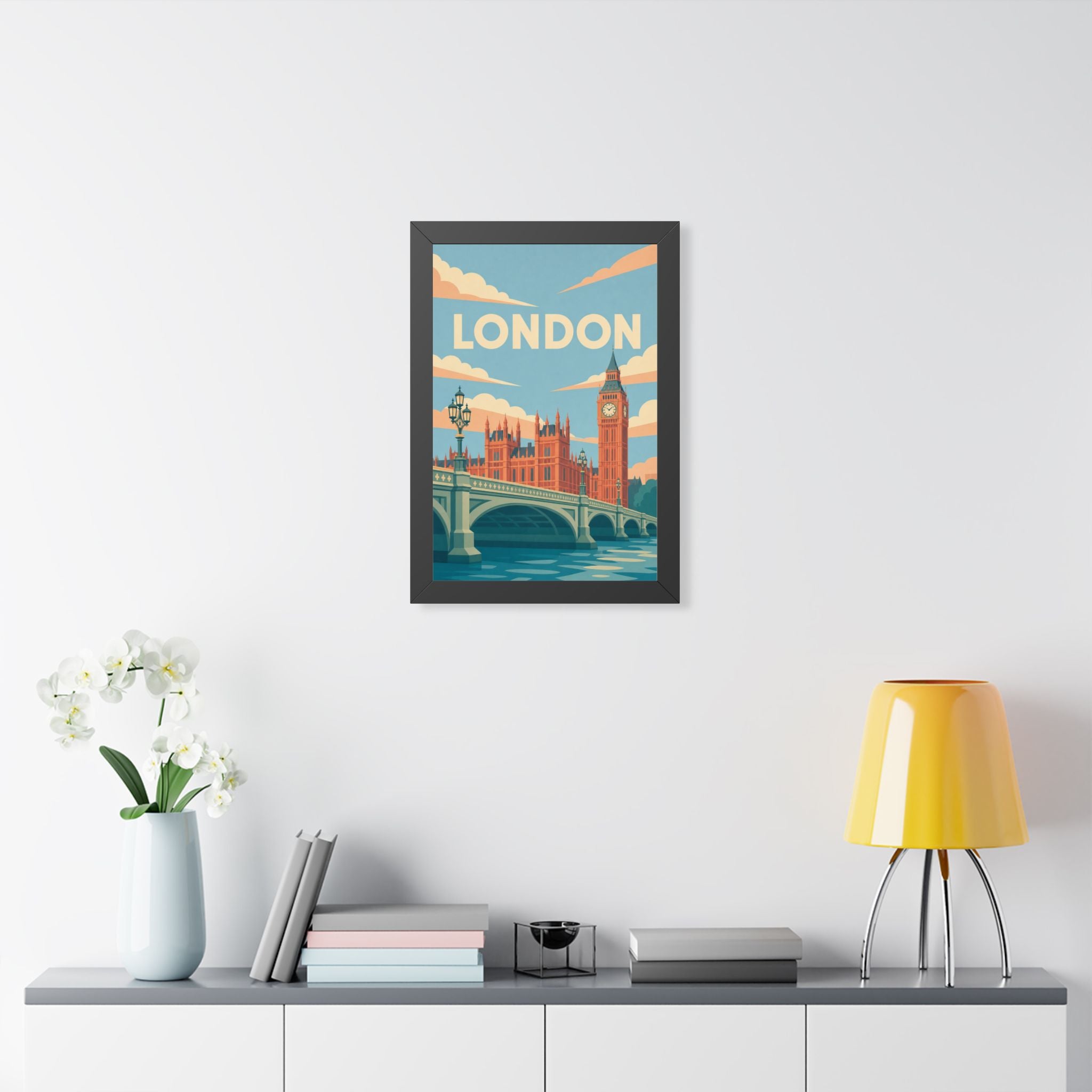 London Westminster United Kingdom Framed Poster | Vintage Travel Wall Art | Black Walnut White Frame | 16x24 20x30