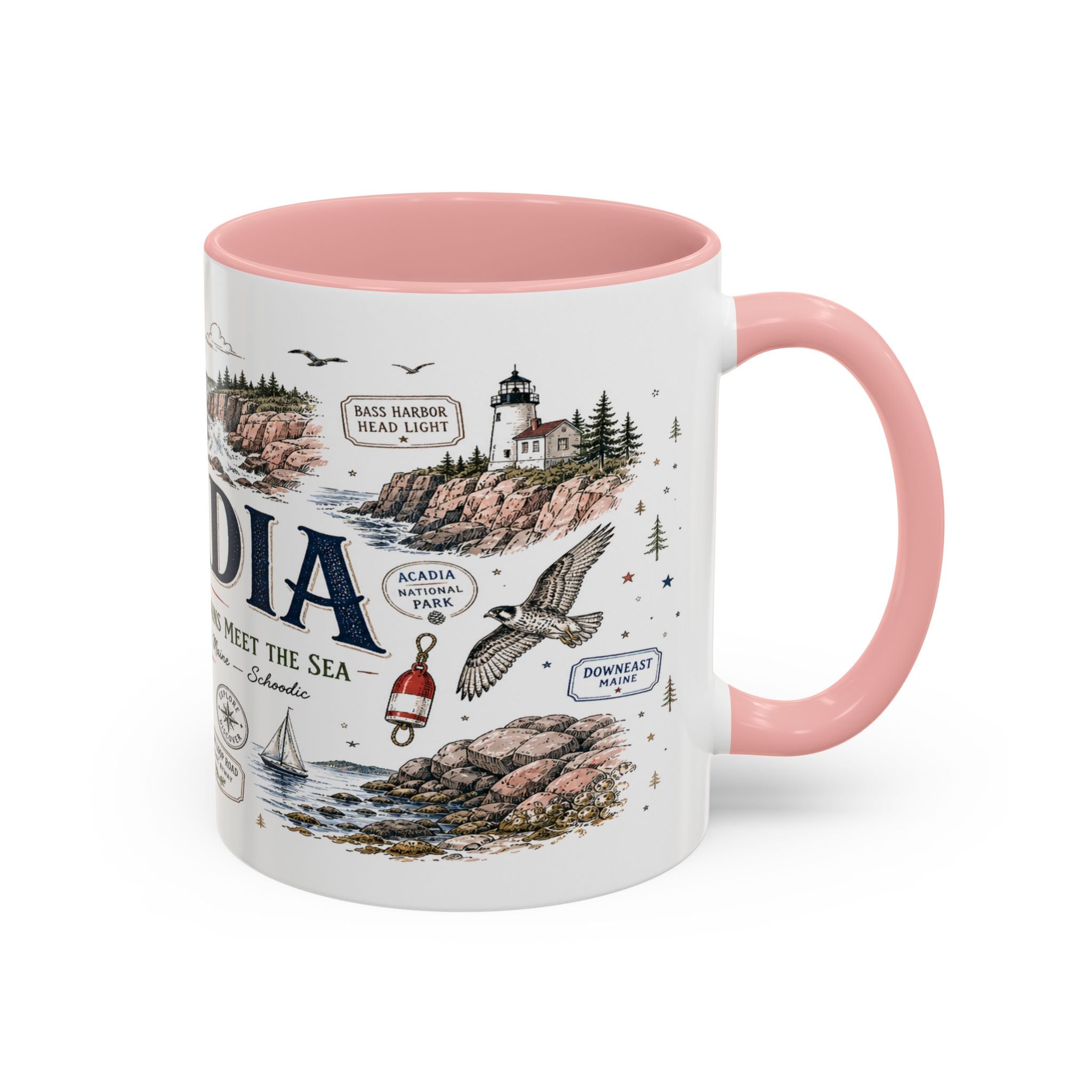 Acadia Coffee Mug | National Park Hiking Coastal Gift | Accent Color Ceramic 11oz 15oz