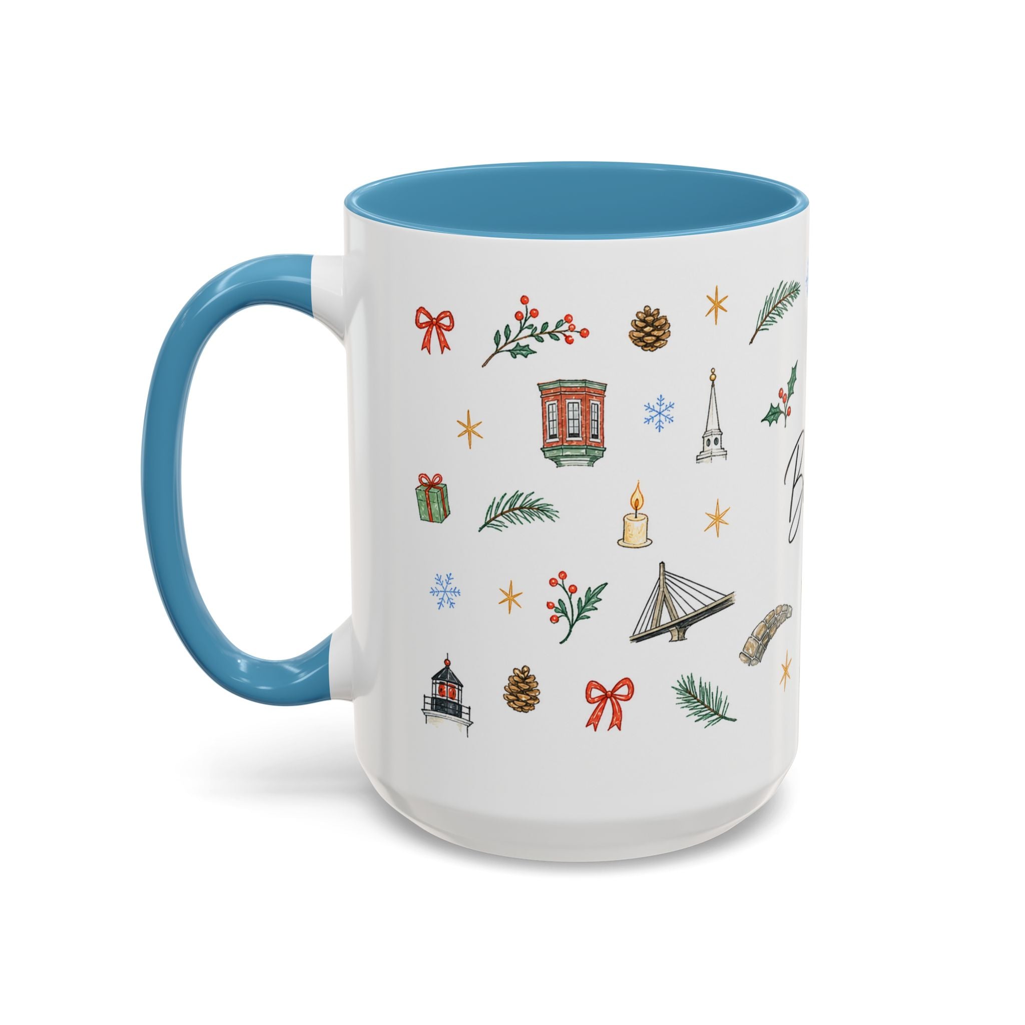 Boston Christmas Mug | Watercolor Travel Souvenir | Holiday Gift | Accent Ceramic Coffee Cup 11oz 15oz