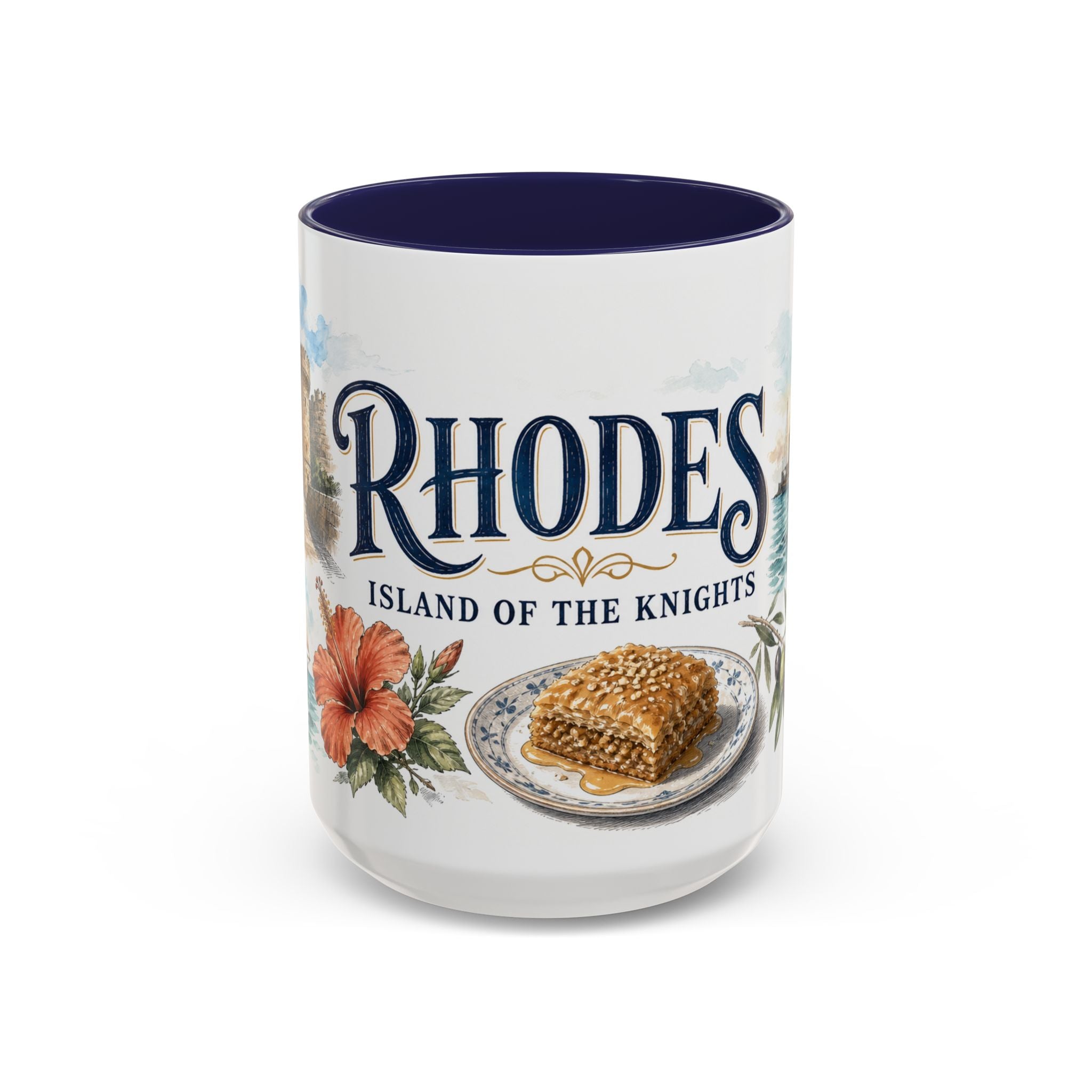 Rhodes Coffee Mug | Greece Travel Souvenir | Vintage Illustrated City Gift | 11 oz 15 oz Accent Mug