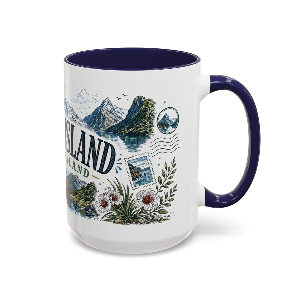 New Zealand South Island Coffee Mug | Travel Destination Souvenir Gift | Accent Color Ceramic 11oz 15oz
