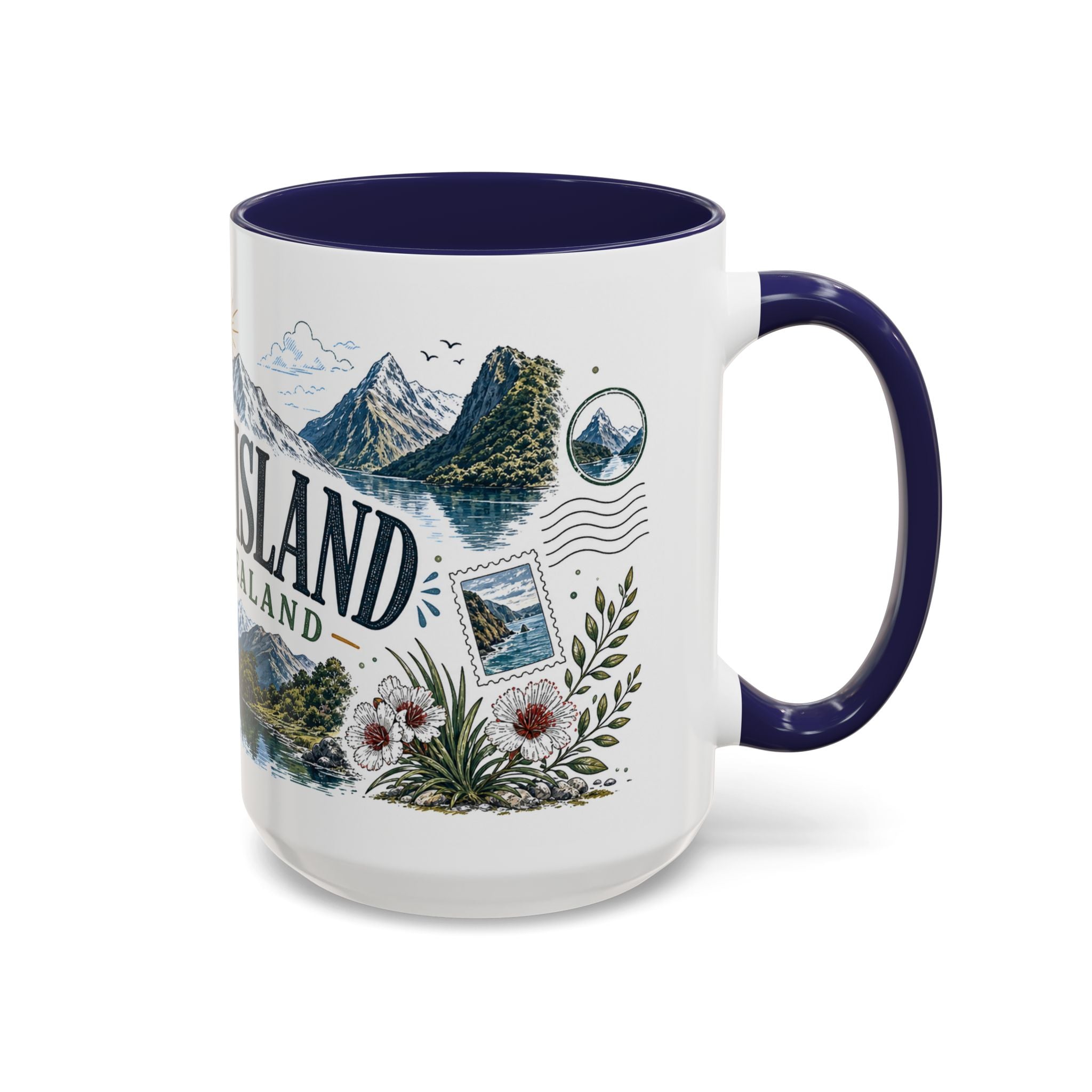 New Zealand South Island Coffee Mug | Travel Destination Souvenir Gift | Accent Color Ceramic 11oz 15oz