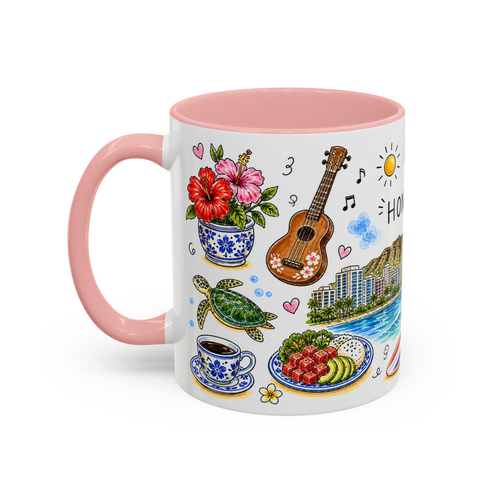 Honolulu Illustrated Travel Mug | City Souvenir Accent Coffee Mug | 11oz 15oz Ceramic Cup