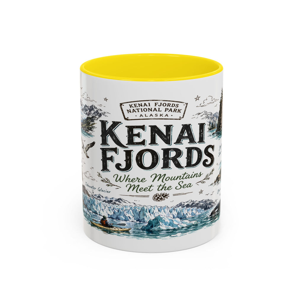 Kenai Fjords National Park Coffee Mug | Alaska Coastal Wildlife Hiking Gift | Accent Color Ceramic 11oz 15oz