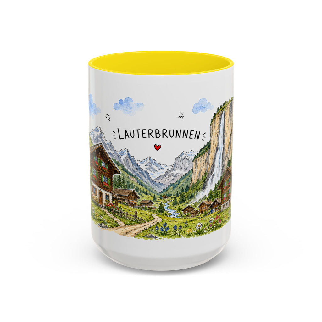 Lauterbrunnen Illustrated Travel Mug | Switzerland Souvenir Accent Coffee Mug | 11oz 15oz Ceramic Cup