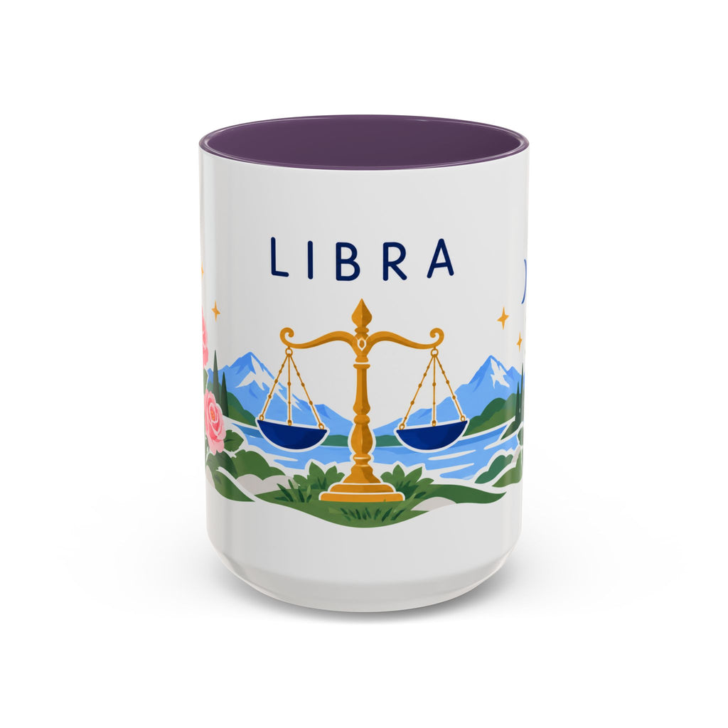 Libra Zodiac Coffee Mug | Scales and Rose Design | Astrology Birthday Gift | 11 oz 15 oz Ceramic Accent Mug