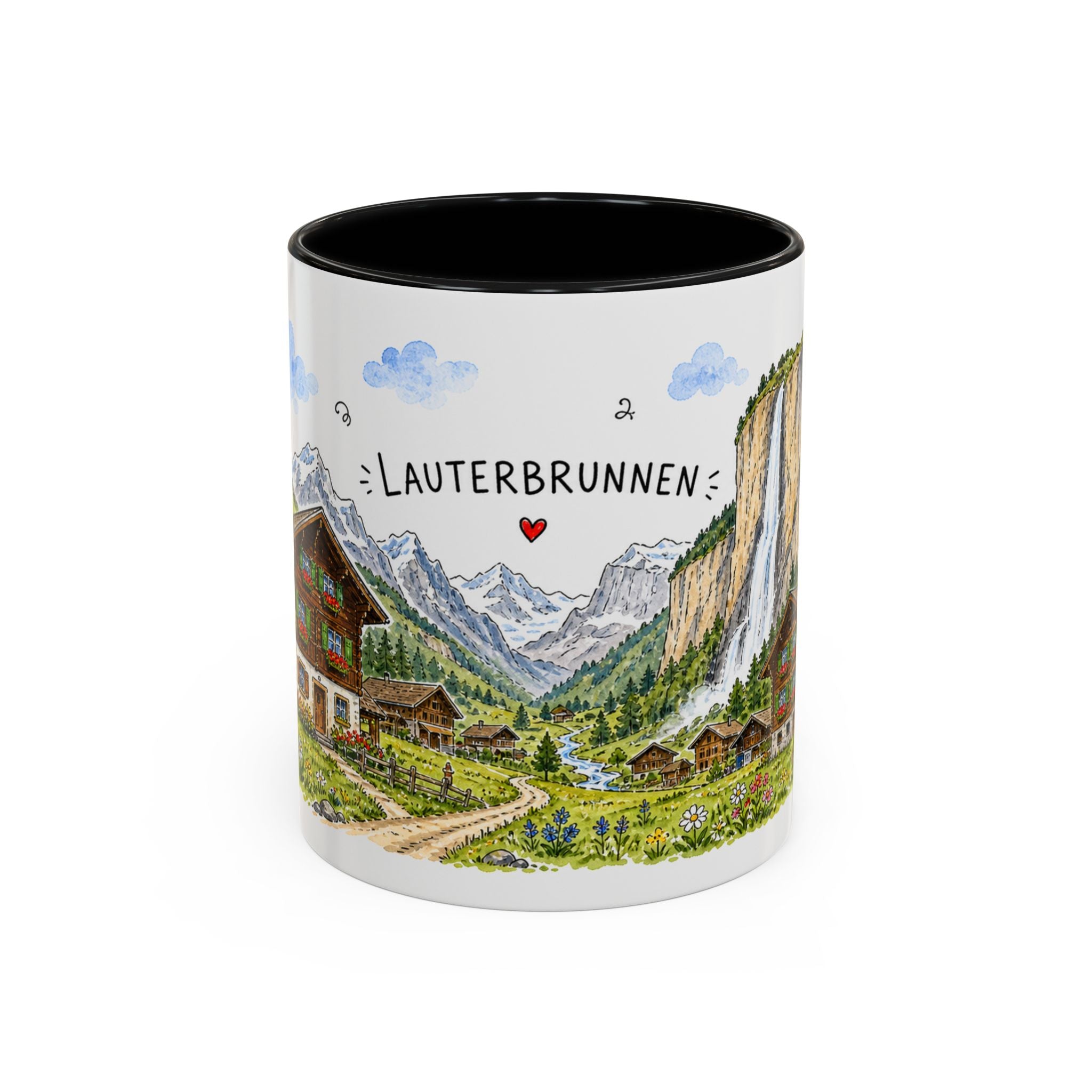Lauterbrunnen Illustrated Travel Mug | Switzerland Souvenir Accent Coffee Mug | 11oz 15oz Ceramic Cup