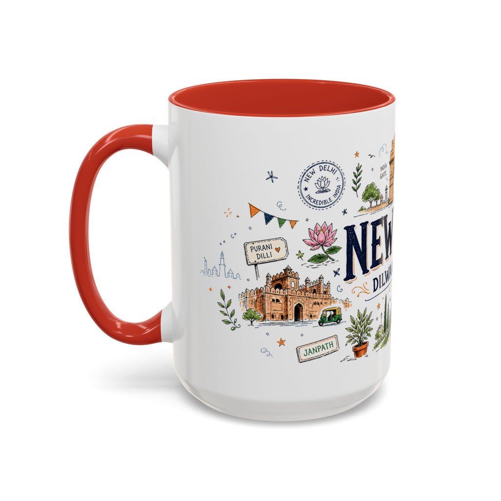 New Delhi Coffee Mug | India Souvenir Travel Gift | Accent Color Ceramic 11oz 15oz