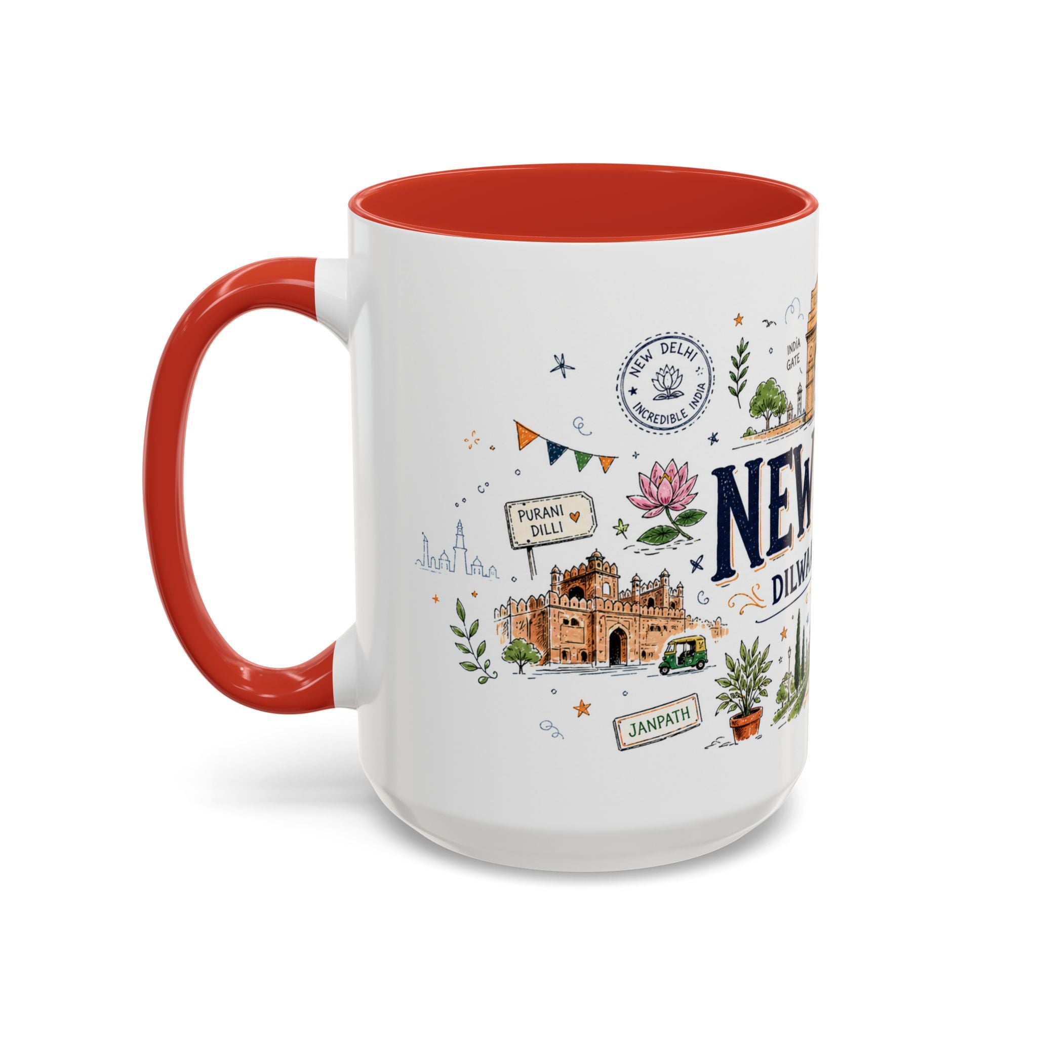 New Delhi Coffee Mug | India Souvenir Travel Gift | Accent Color Ceramic 11oz 15oz