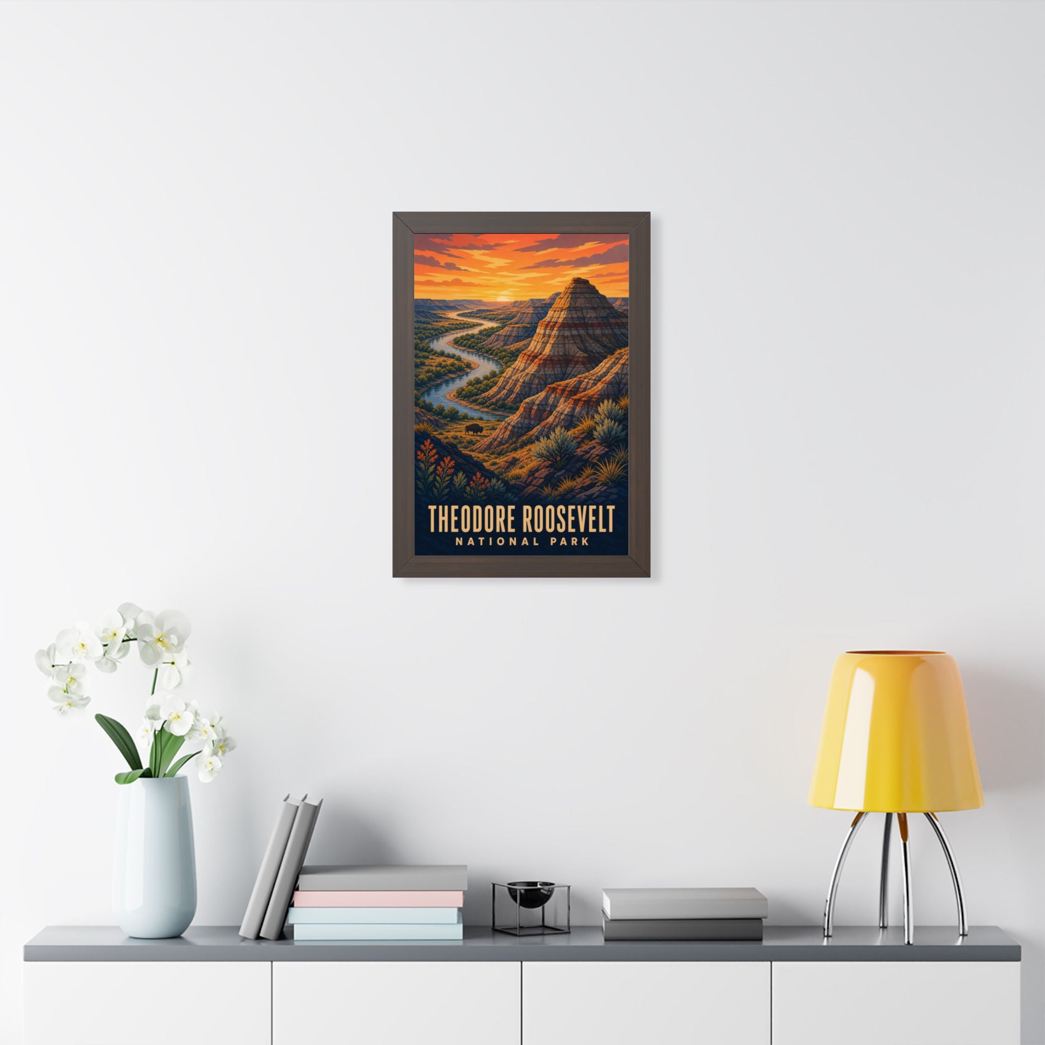 Theodore Roosevelt National Park Framed Poster | Vintage Travel Wall Art | Black Walnut White Frame | 16x24 20x30