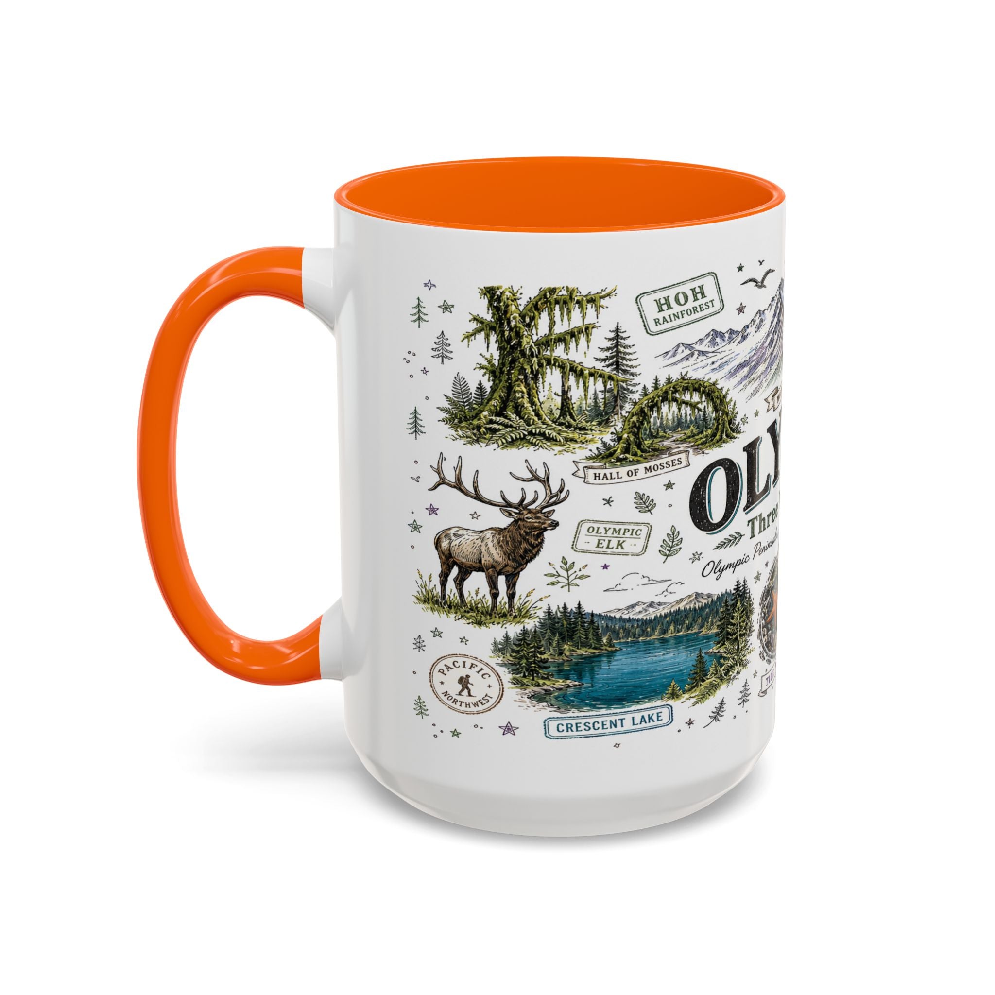 Olympic Coffee Mug | National Park Hiking Rainforest Gift | Accent Color Ceramic 11oz 15oz