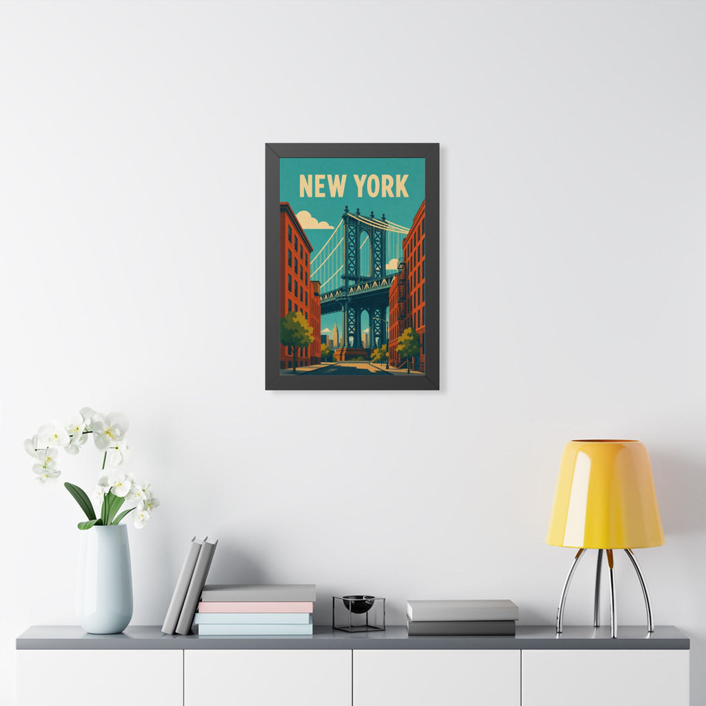 Manhattan Bridge New York United States Framed Poster | Vintage Travel Wall Art | Black Walnut White Frame | 16x24 20x30