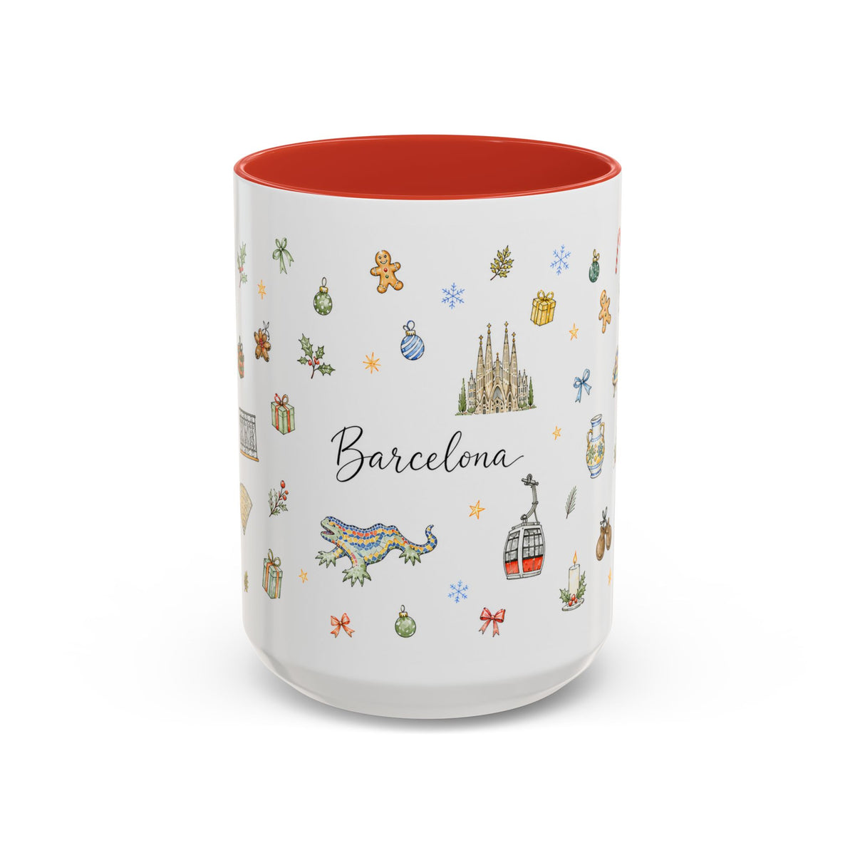 Barcelona Christmas Mug | Watercolor City Souvenir, Ceramic Coffee Cup (11oz/15oz)