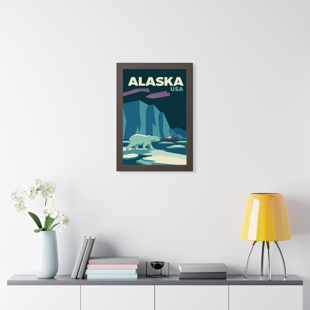 Alaska Polar Bear United States Framed Poster | Vintage Travel Wall Art | Black Walnut White Frame | 16x24 20x30