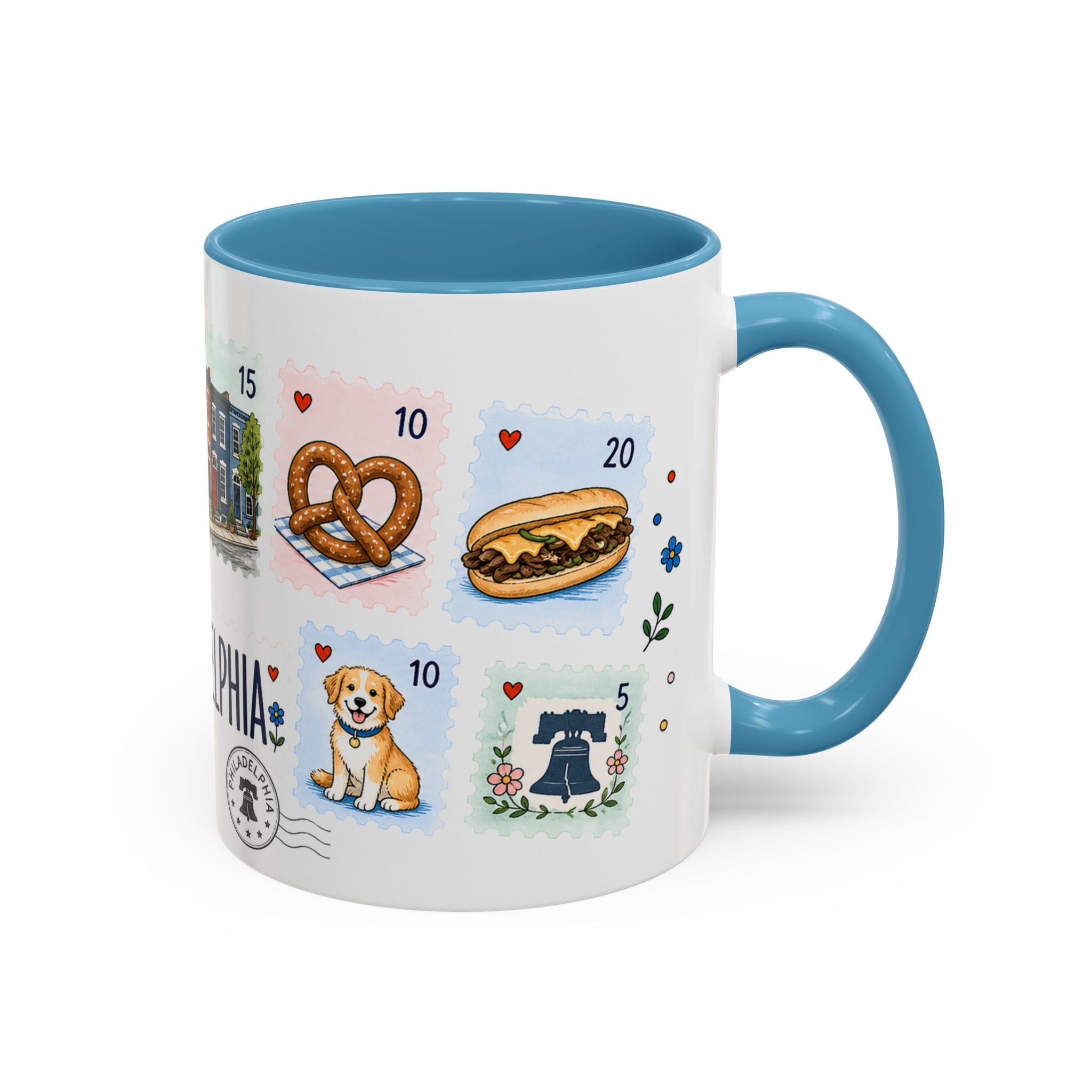 Philadelphia Coffee Mug | Postage Stamp Collage Mug | Travel Souvenir Accent Cup 11oz 15oz