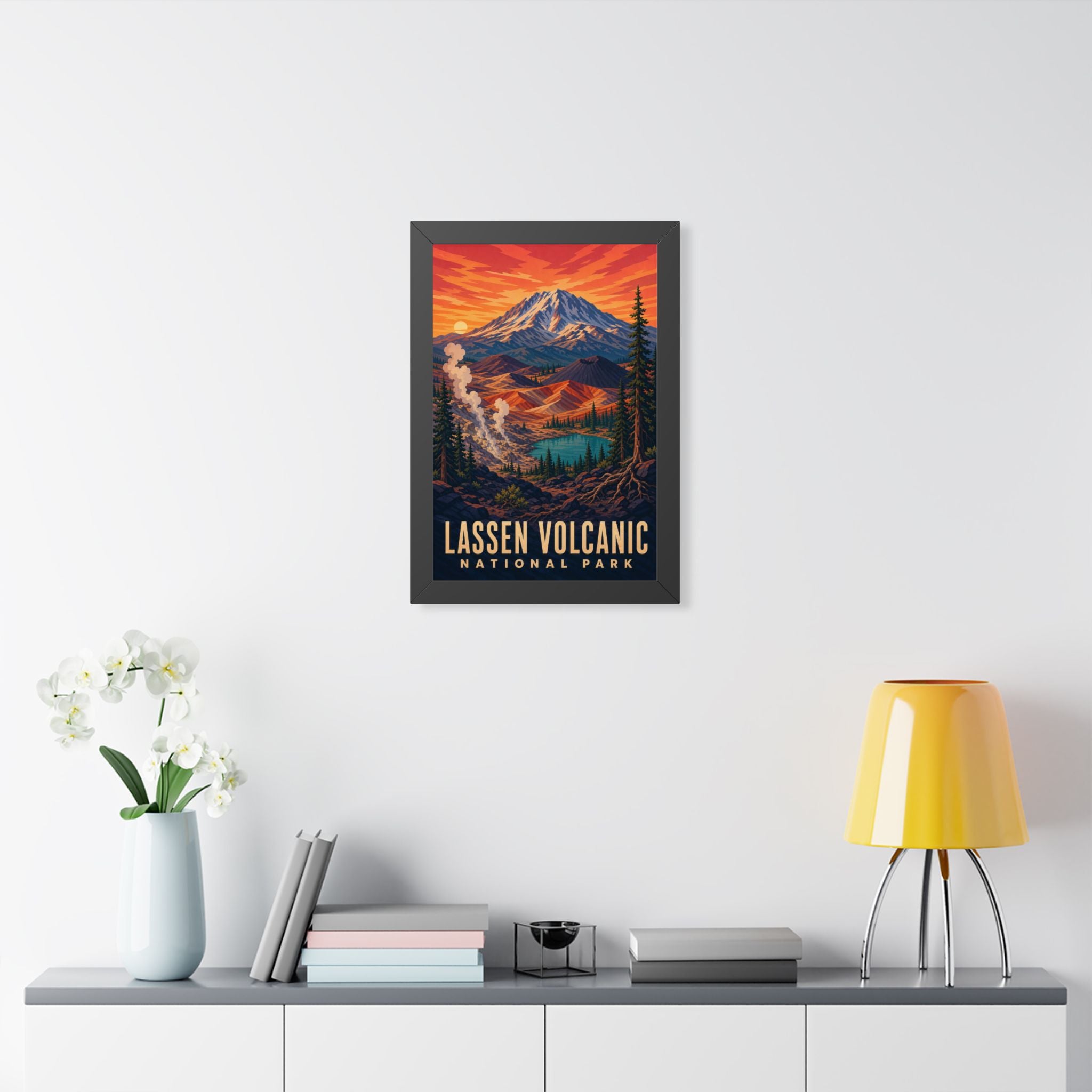 Lassen Volcanic National Park Framed Poster | Vintage Travel Wall Art | Black Walnut White Frame | 16x24 20x30