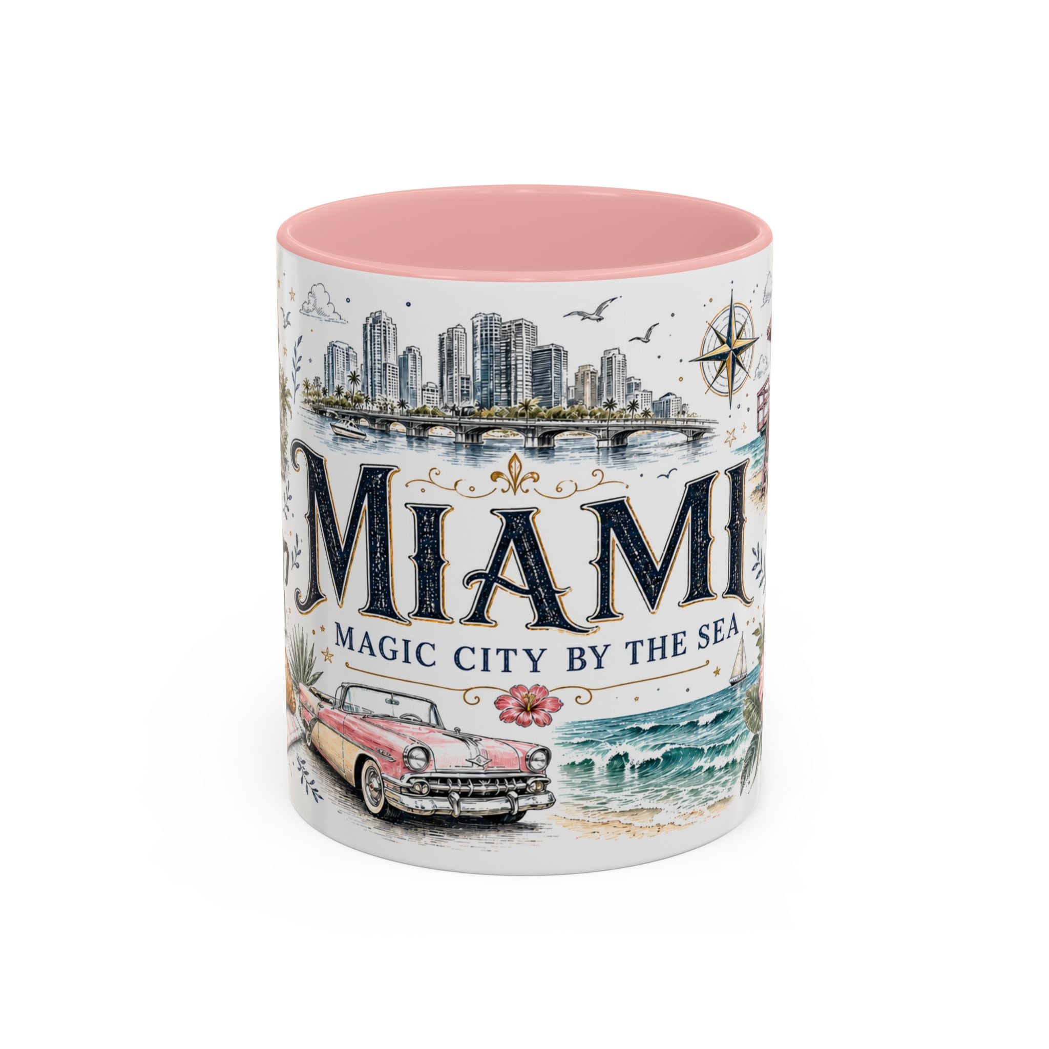 Miami Coffee Mug | United States Travel Souvenir | Vintage Illustrated City Gift | 11 oz 15 oz Accent Mug