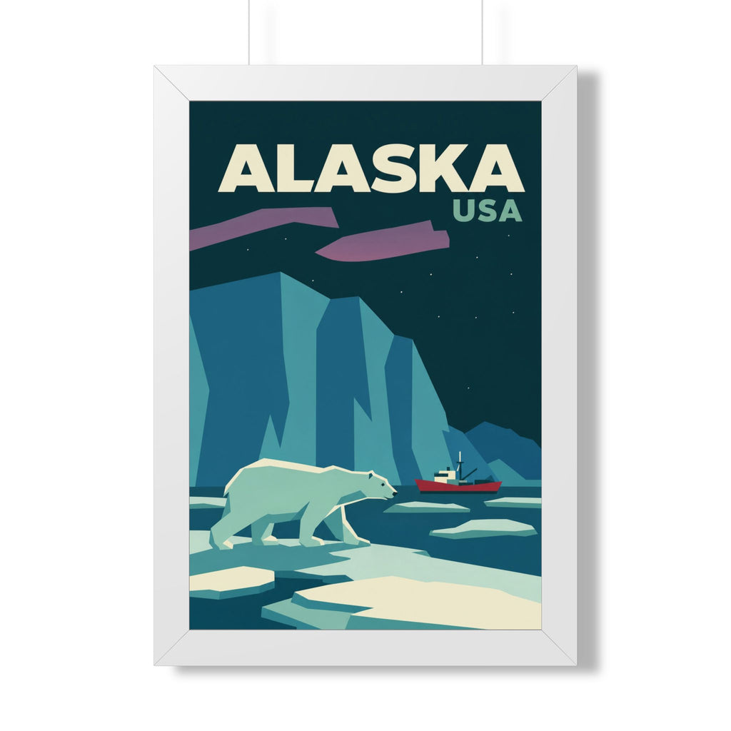 Alaska Polar Bear United States Framed Poster | Vintage Travel Wall Art | Black Walnut White Frame | 16x24 20x30