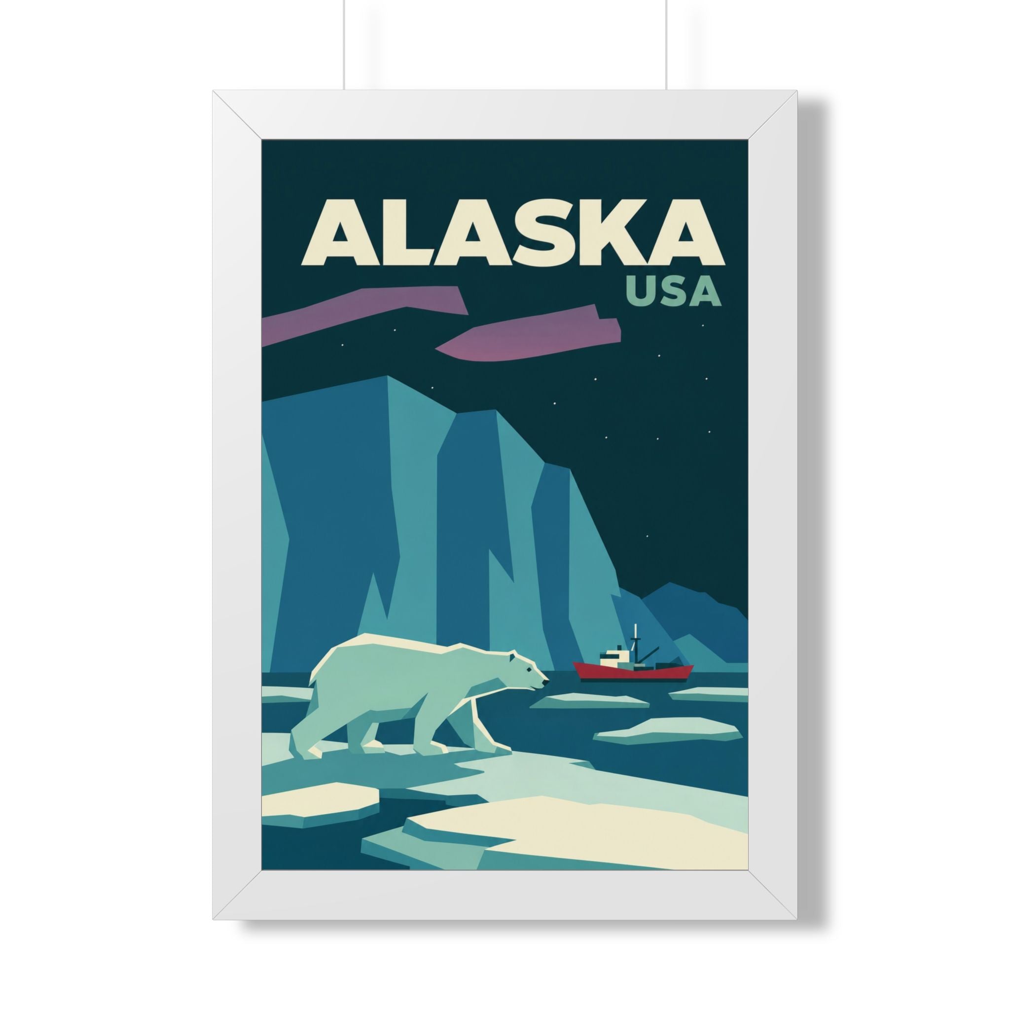 Alaska Polar Bear United States Framed Poster | Vintage Travel Wall Art | Black Walnut White Frame | 16x24 20x30