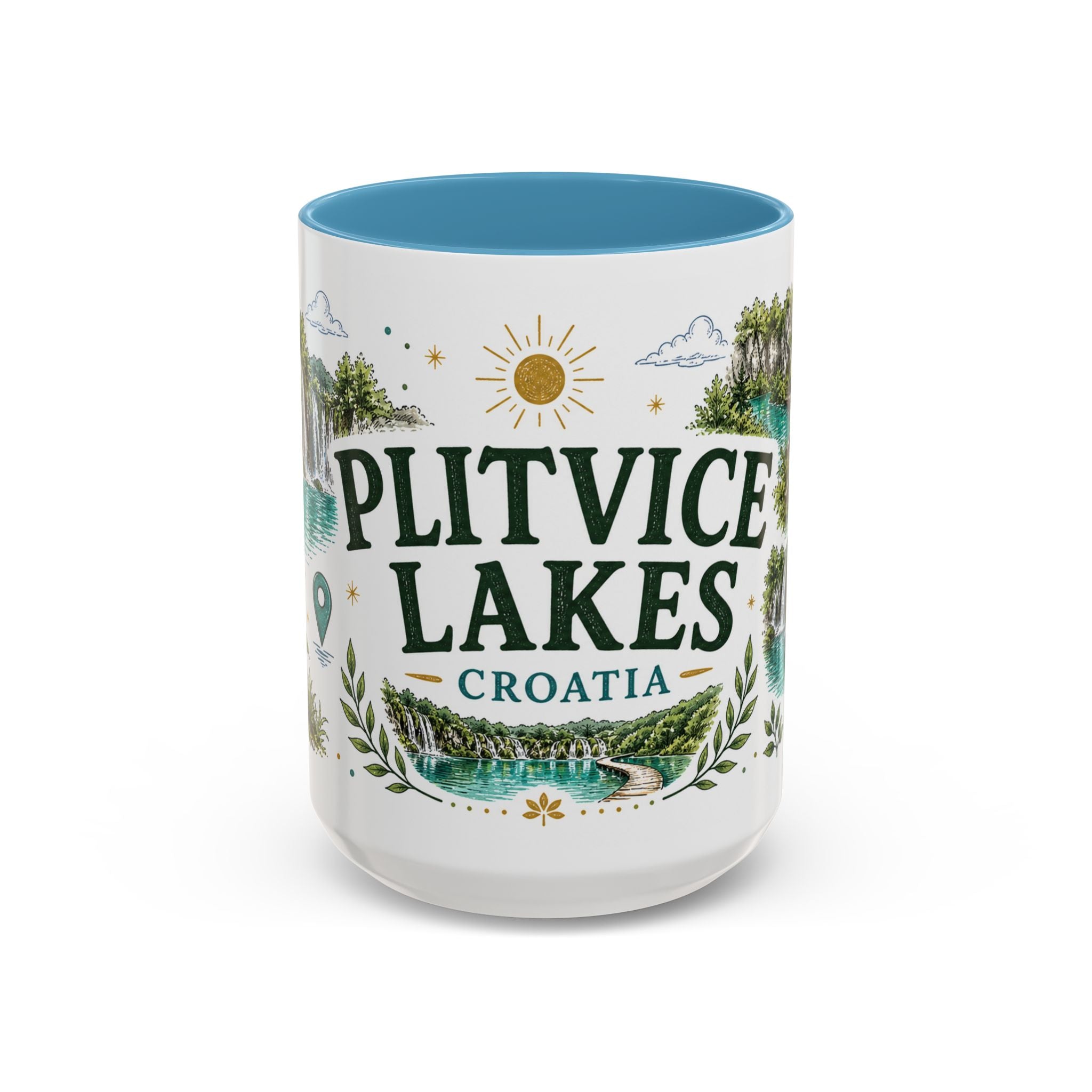 Plitvice Lakes Coffee Mug | Travel Destination Souvenir Gift | Accent Color Ceramic 11oz 15oz