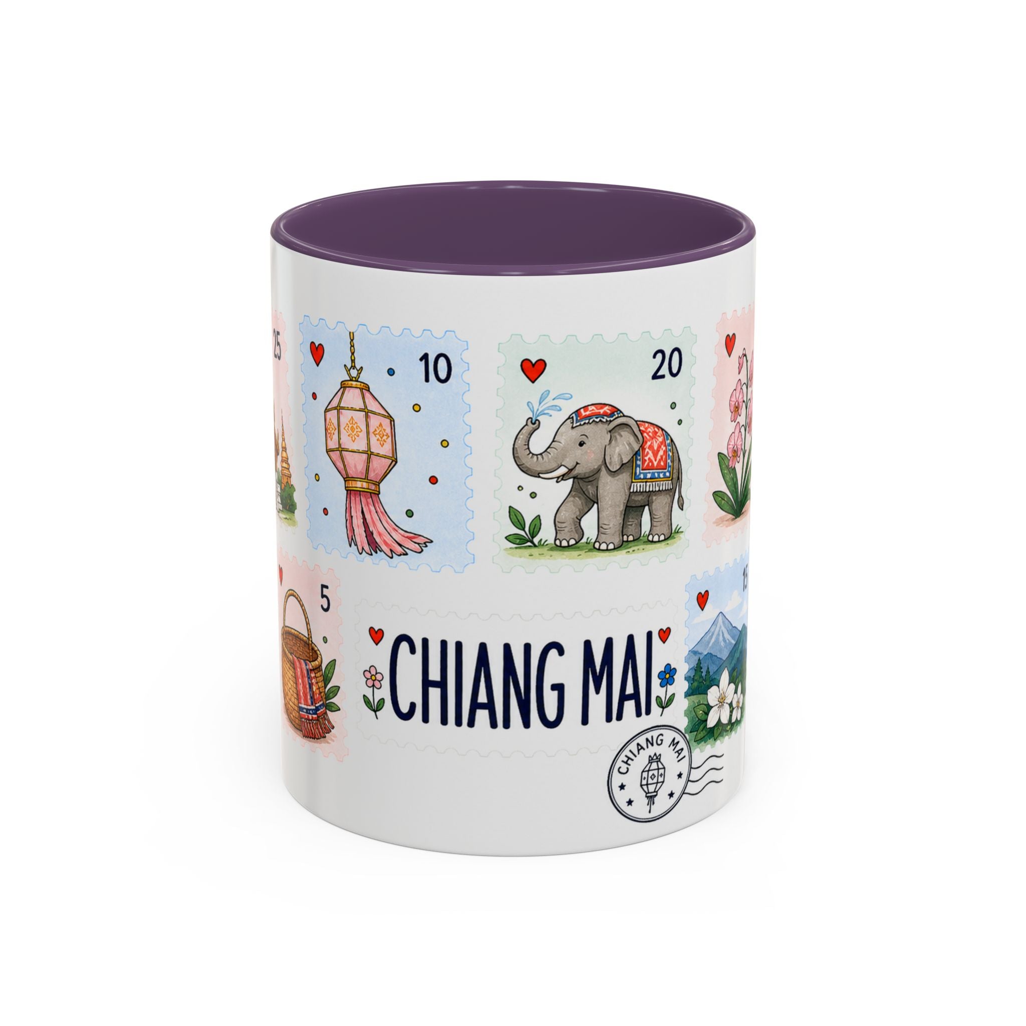 Chiang Mai Coffee Mug | Postage Stamp Collage Mug | Travel Souvenir Accent Cup 11oz 15oz