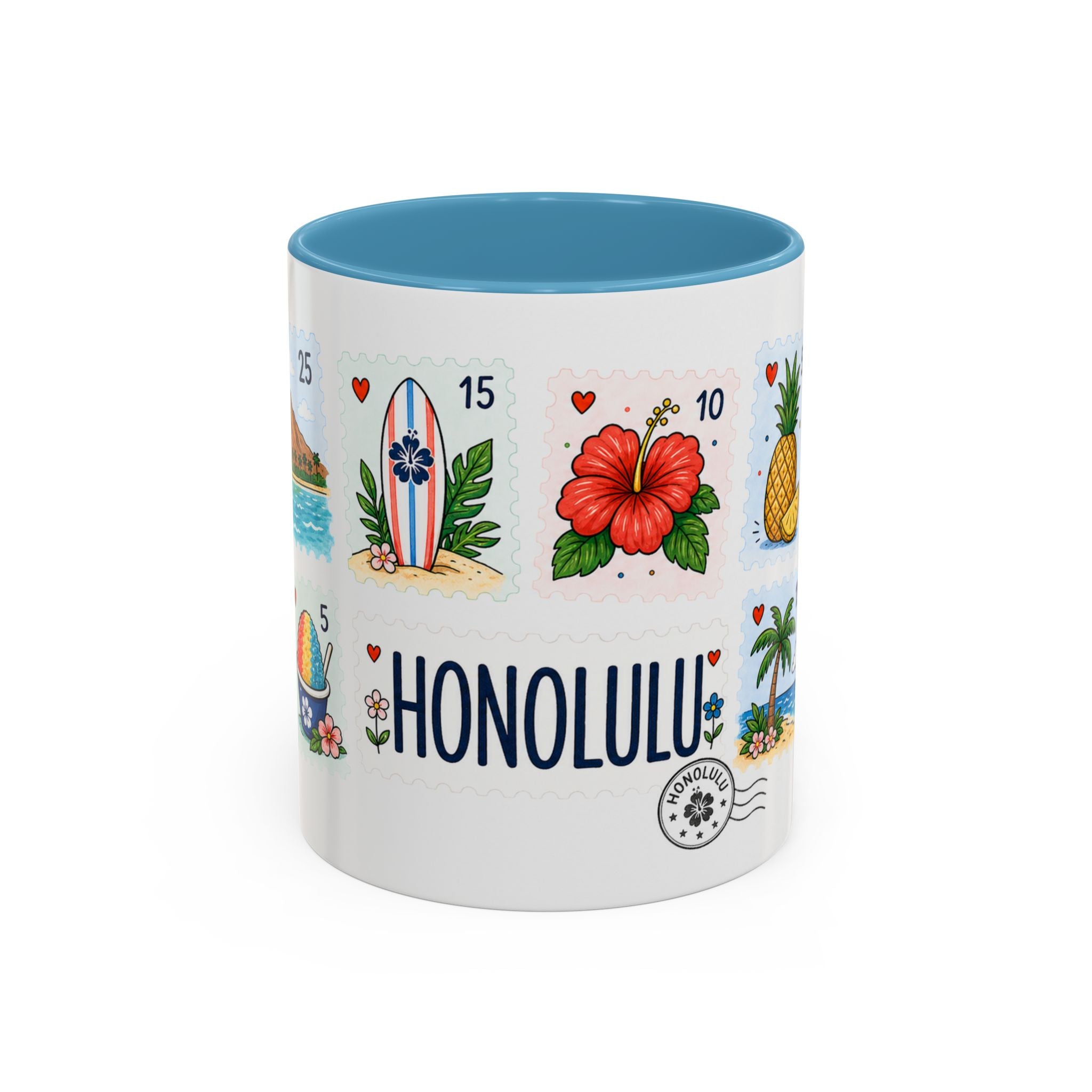 Honolulu Coffee Mug | Postage Stamp Collage Mug | Travel Souvenir Accent Cup 11oz 15oz