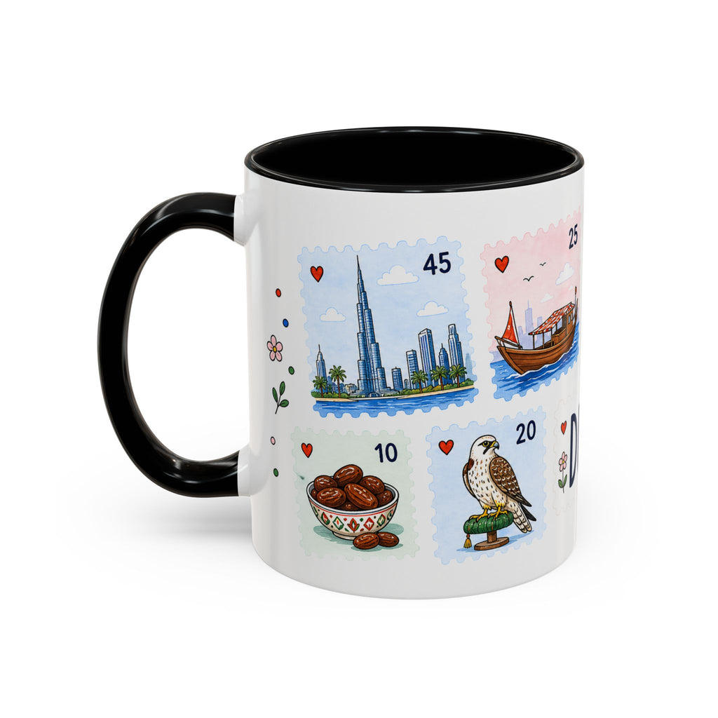 Dubai Coffee Mug | Postage Stamp Collage Mug | Travel Souvenir Accent Cup 11oz 15oz