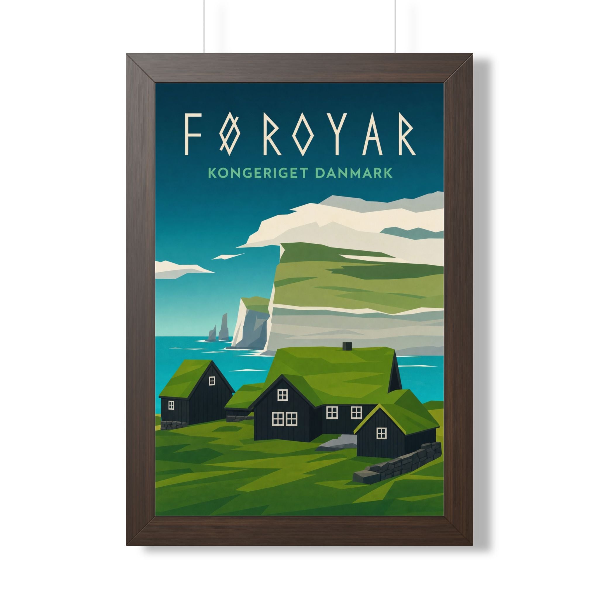 Faroe Islands Denmark Framed Poster | Vintage Travel Wall Art | Black Walnut White Frame | 16x24 20x30