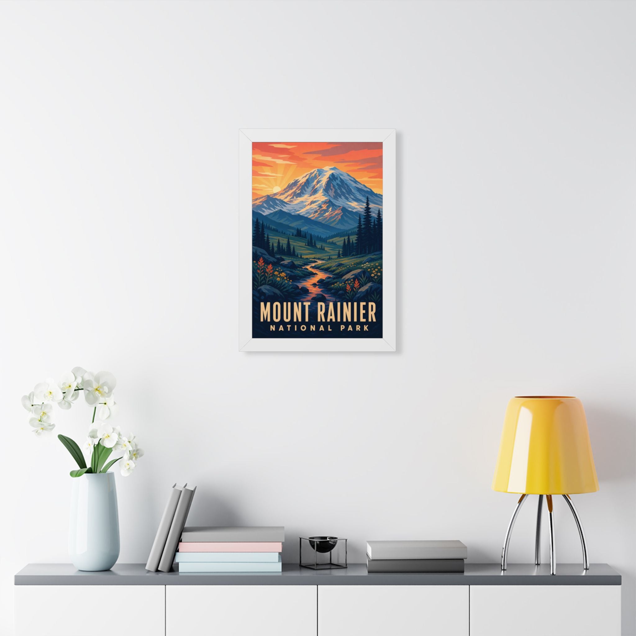 Mount Rainier National Park Framed Poster | Vintage Travel Wall Art | Black Walnut White Frame | 16x24 20x30