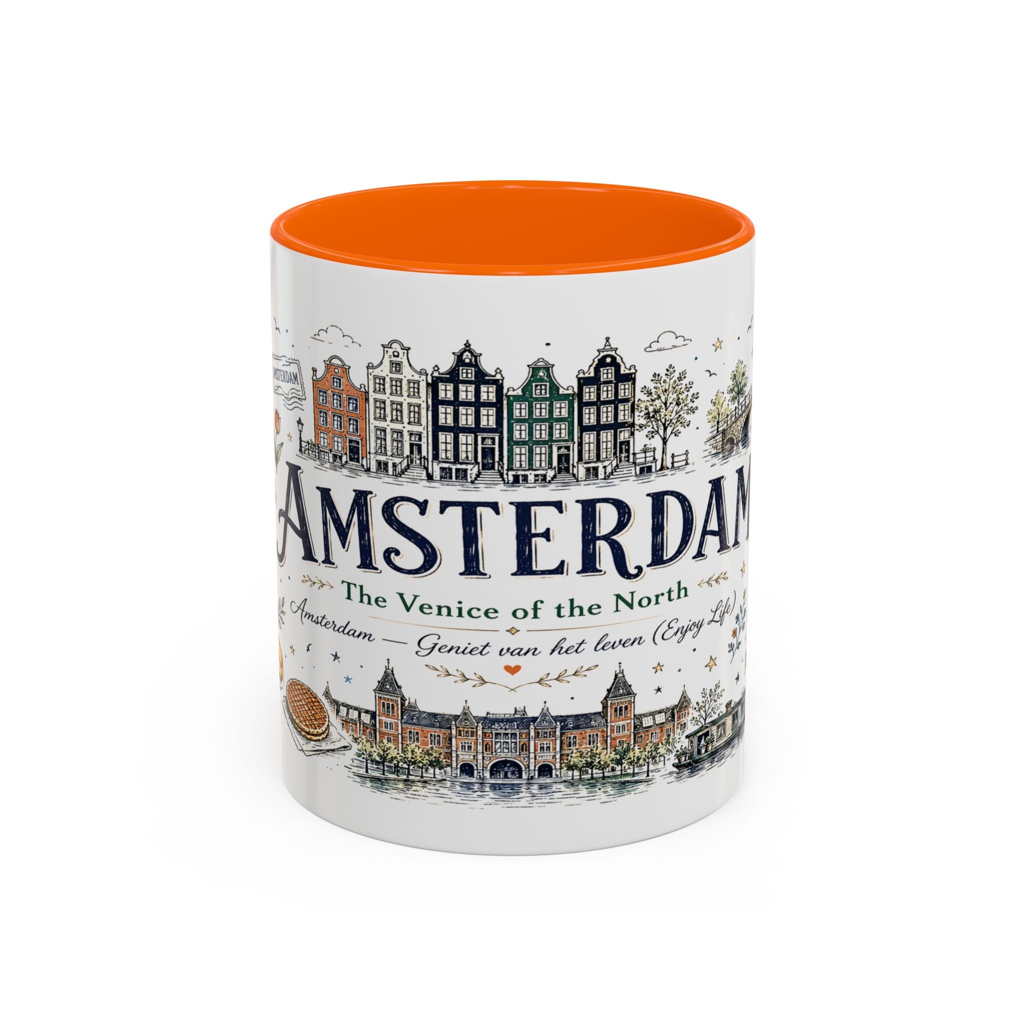 Amsterdam Coffee Mug | Netherlands Souvenir Travel Gift | Accent Color Ceramic 11oz 15oz