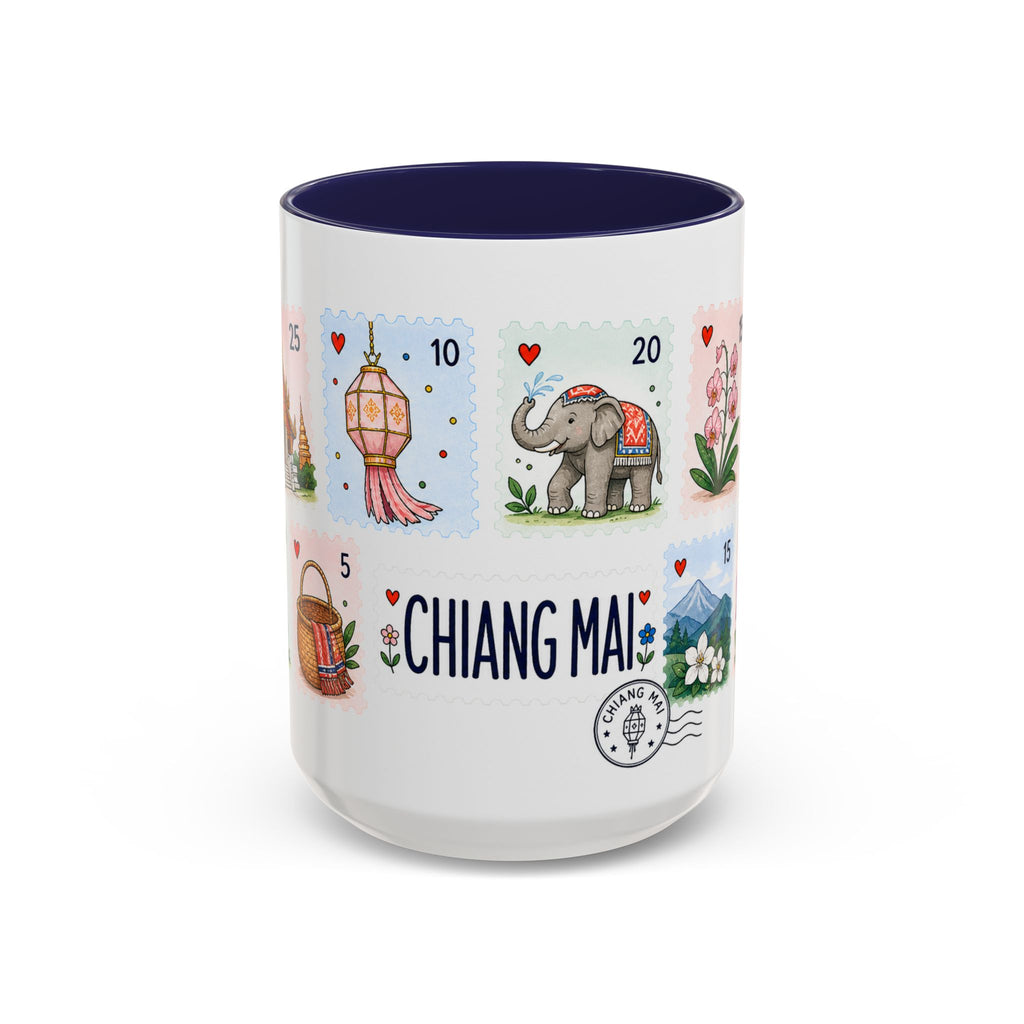 Chiang Mai Coffee Mug | Postage Stamp Collage Mug | Travel Souvenir Accent Cup 11oz 15oz