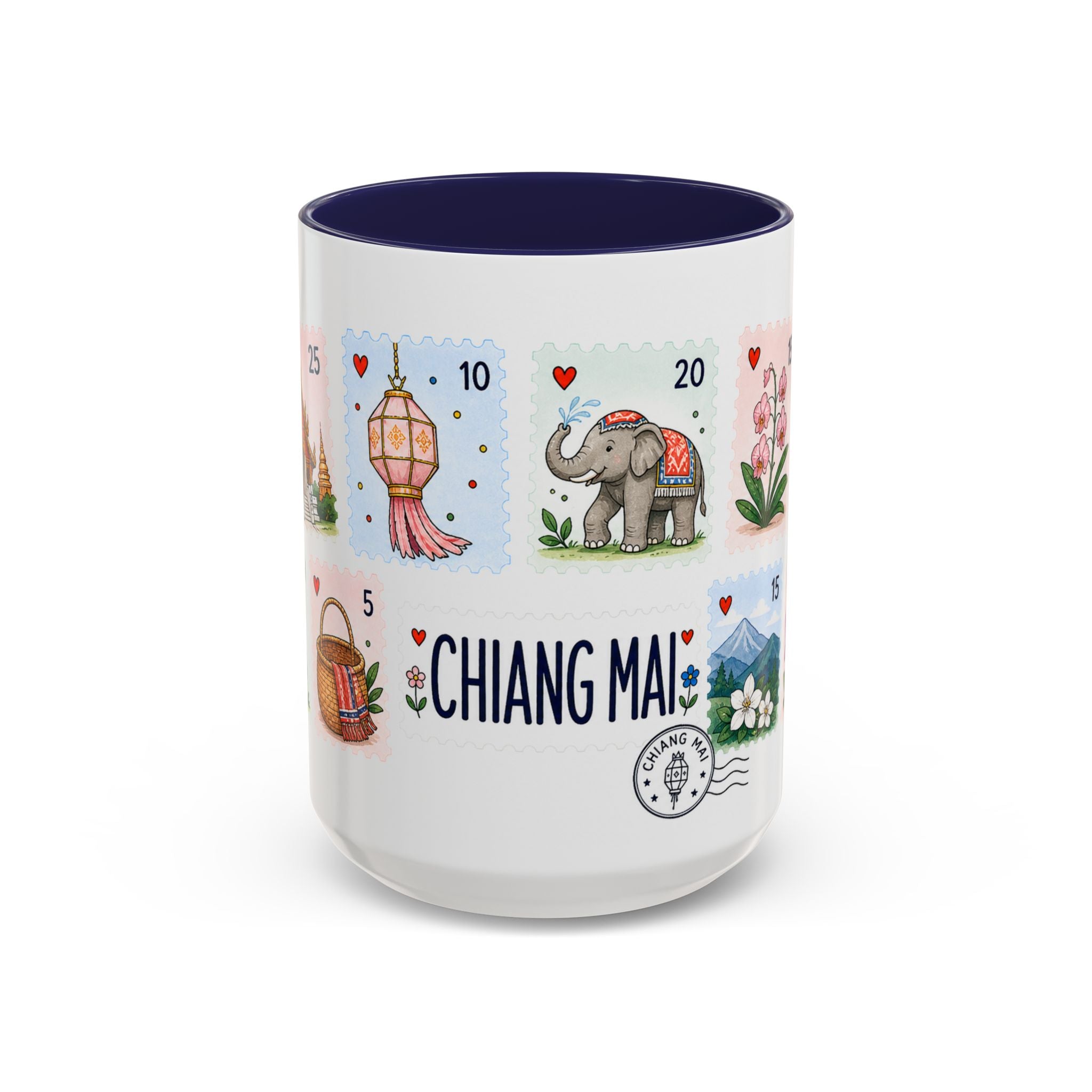 Chiang Mai Coffee Mug | Postage Stamp Collage Mug | Travel Souvenir Accent Cup 11oz 15oz