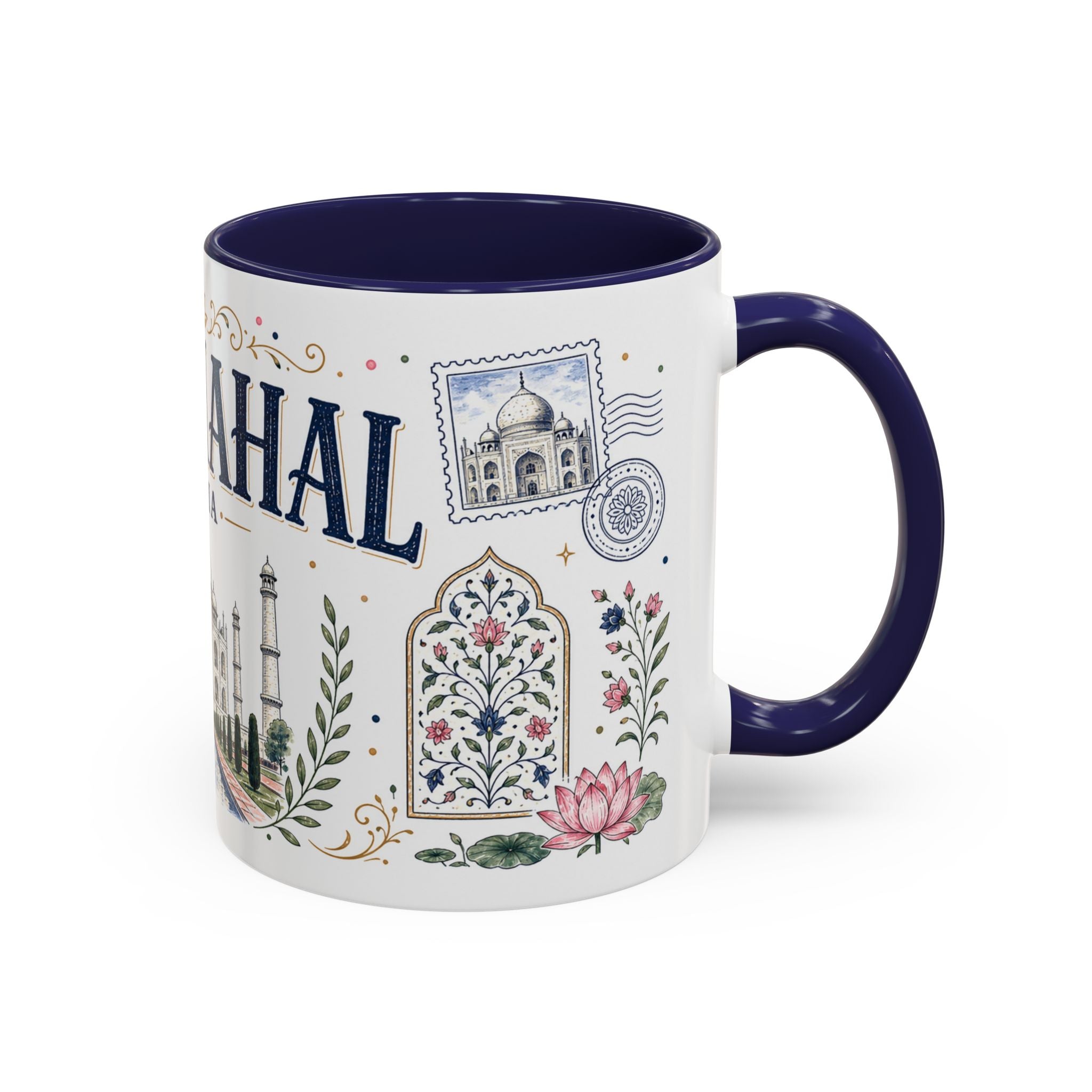 Taj Mahal Coffee Mug | Travel Destination Souvenir Gift | Accent Color Ceramic 11oz 15oz