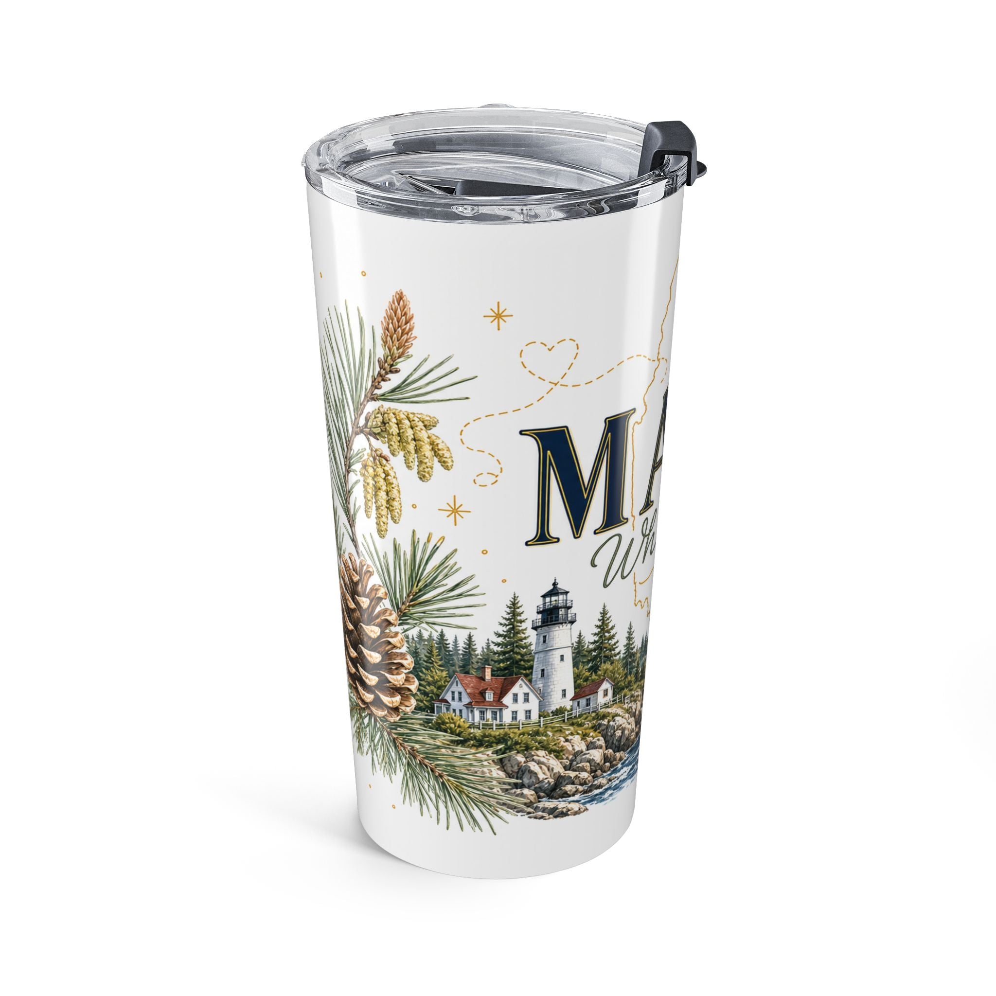 Maine State Flower 20oz Tumbler | White Pine Cone and Tassel Botanical State Flower Gift | Insulated Stainless Steel Travel Cup