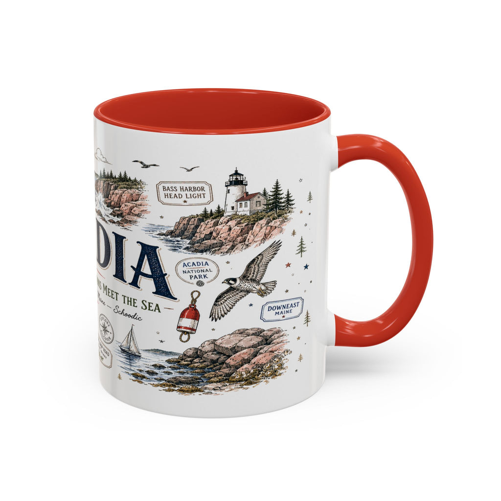 Acadia Coffee Mug | National Park Hiking Coastal Gift | Accent Color Ceramic 11oz 15oz