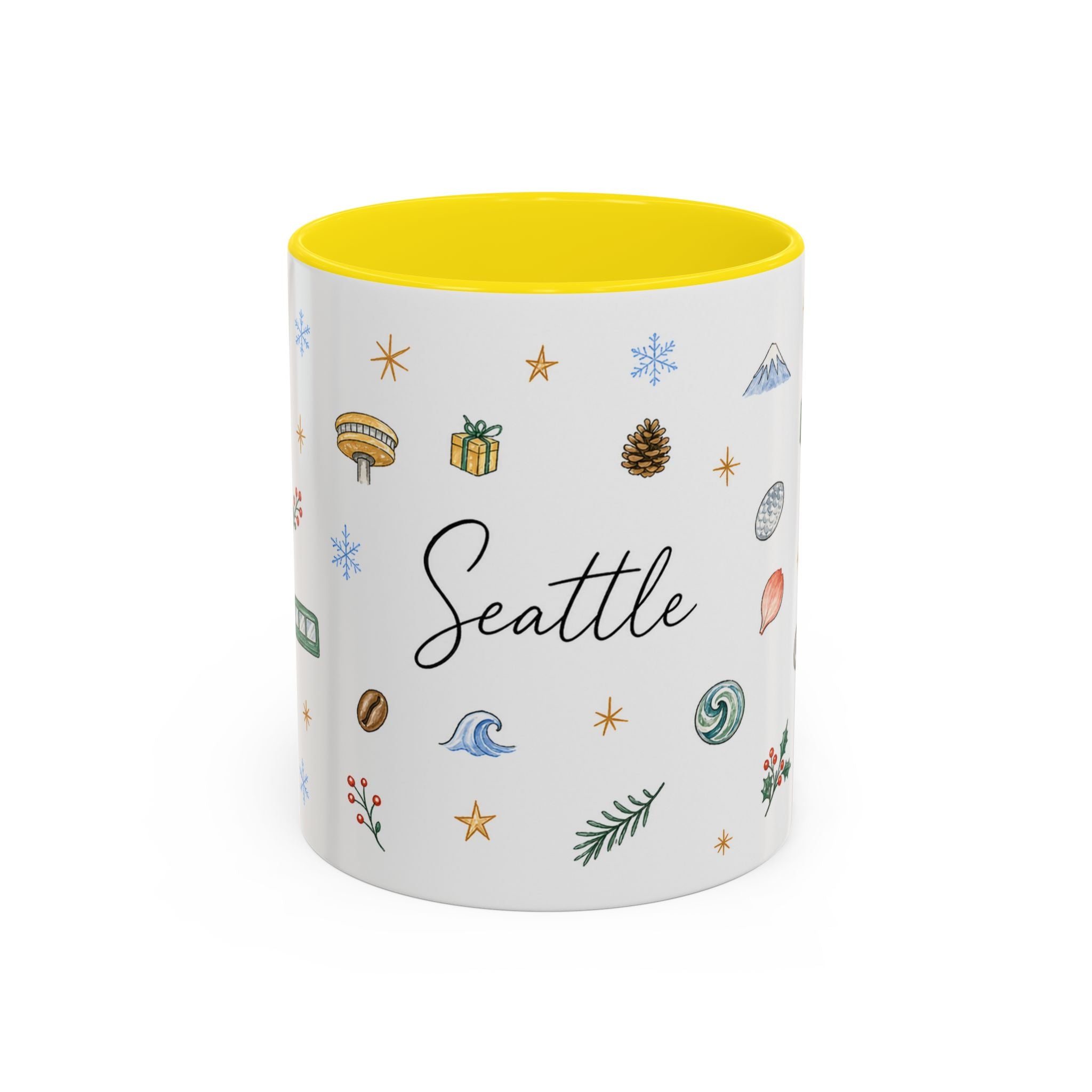 Seattle Christmas Mug | Watercolor Travel Souvenir | Holiday Gift | Accent Ceramic Coffee Cup 11oz 15oz