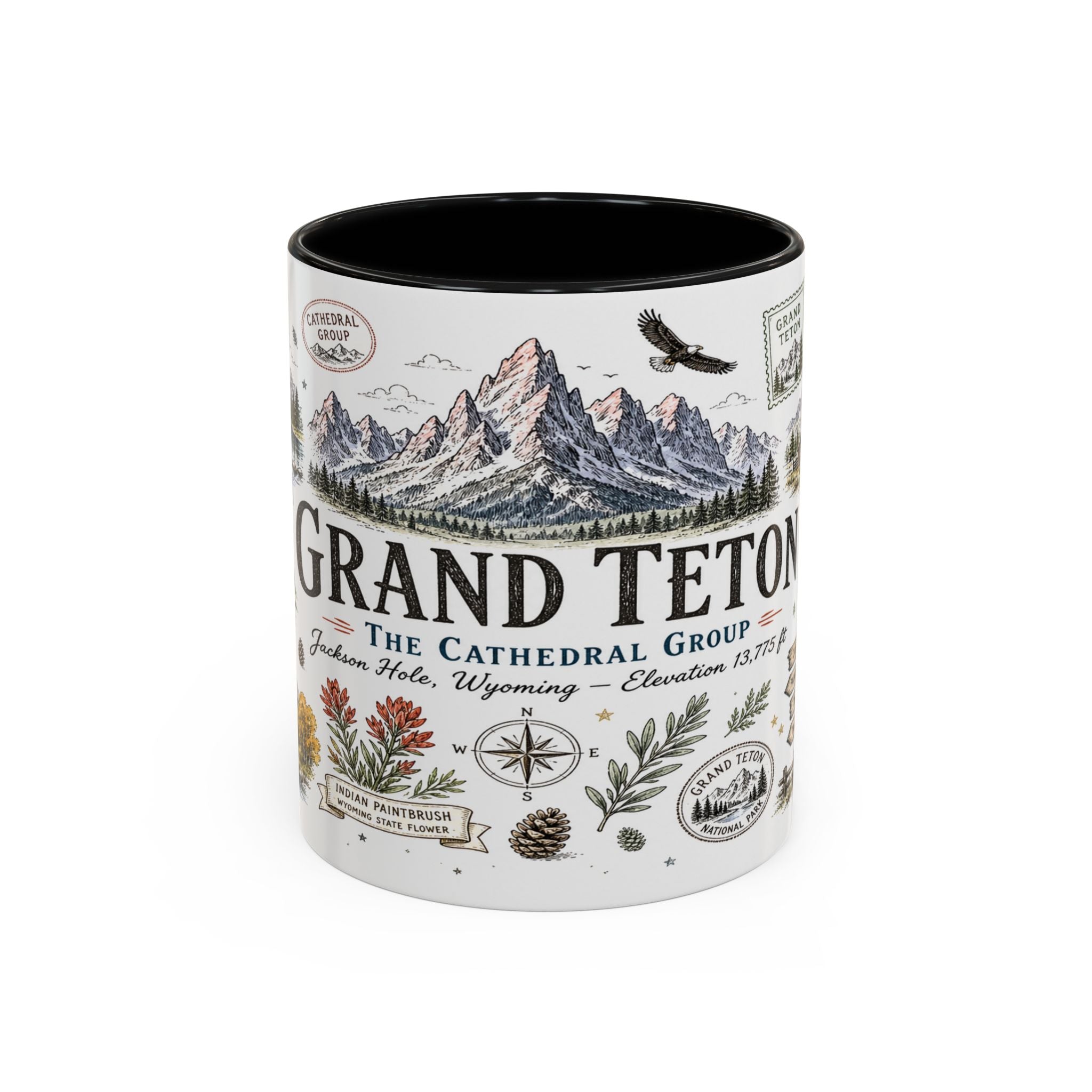 Grand Teton Coffee Mug | National Park Hiking Wyoming Gift | Accent Color Ceramic 11oz 15oz