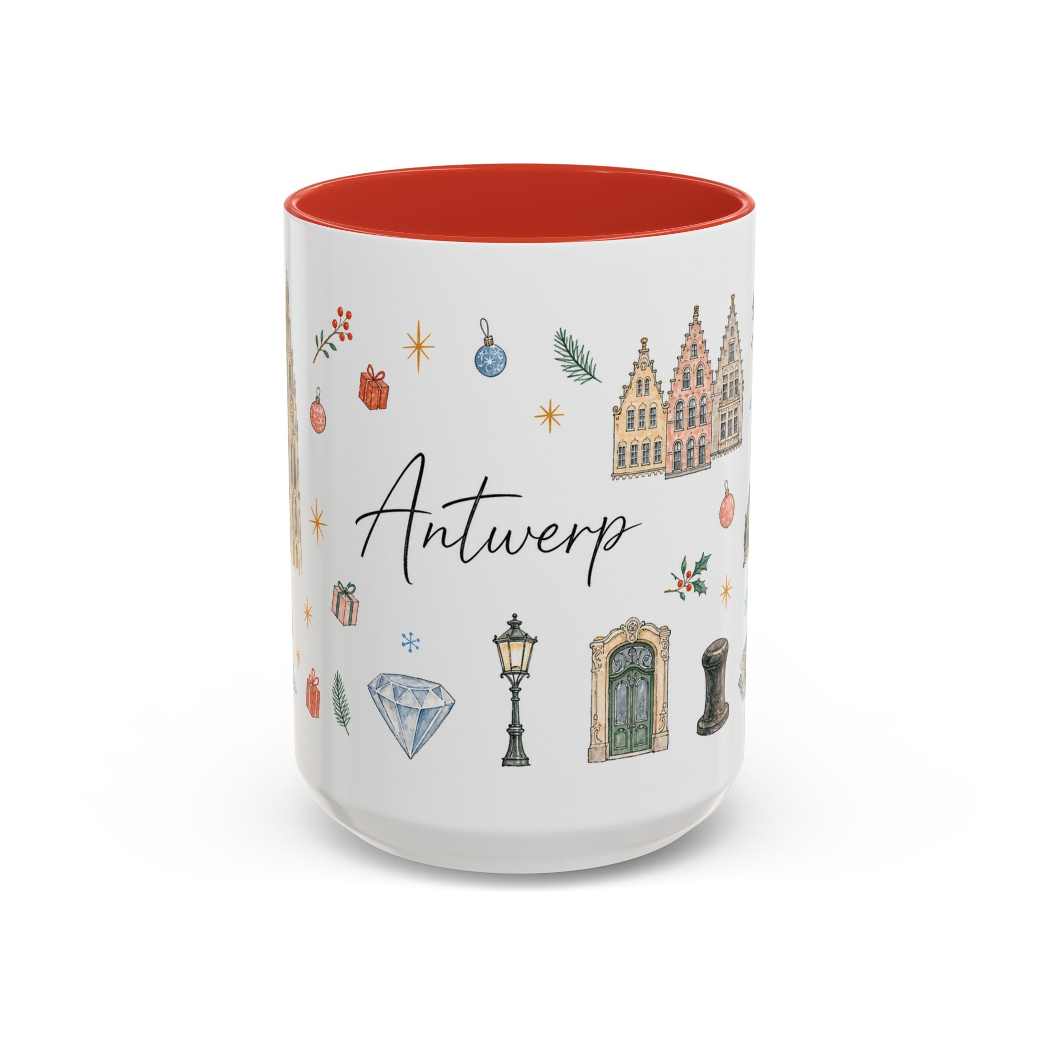 Antwerp Christmas Mug | Watercolor Travel Souvenir | Holiday Gift | Accent Ceramic Coffee Cup 11oz 15oz